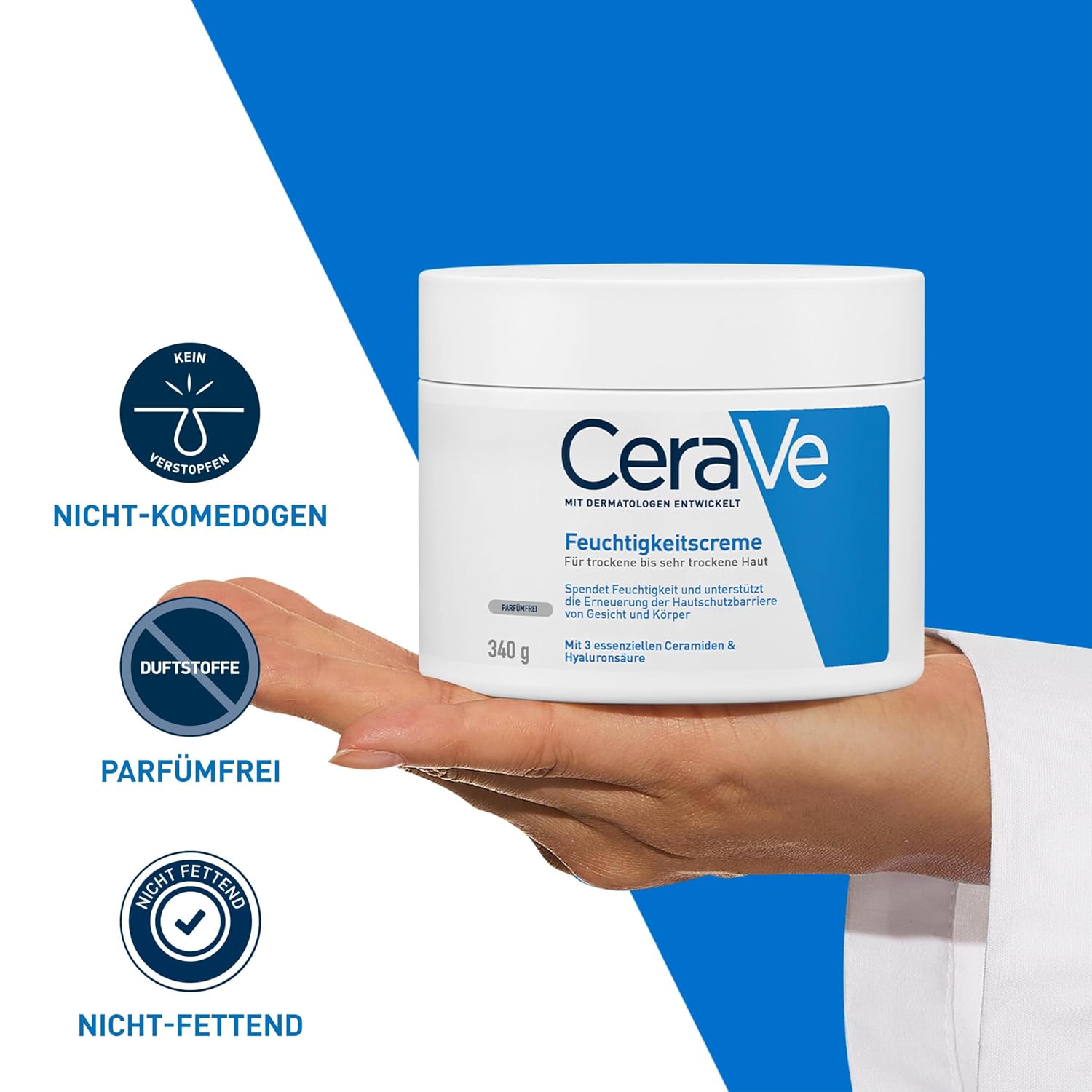 Detalle de CeraVe Feuchtigkeitscreme für den Körper – 340 g, Hyaluron + 3 Ceramide, geeignet bei Neurodermitis