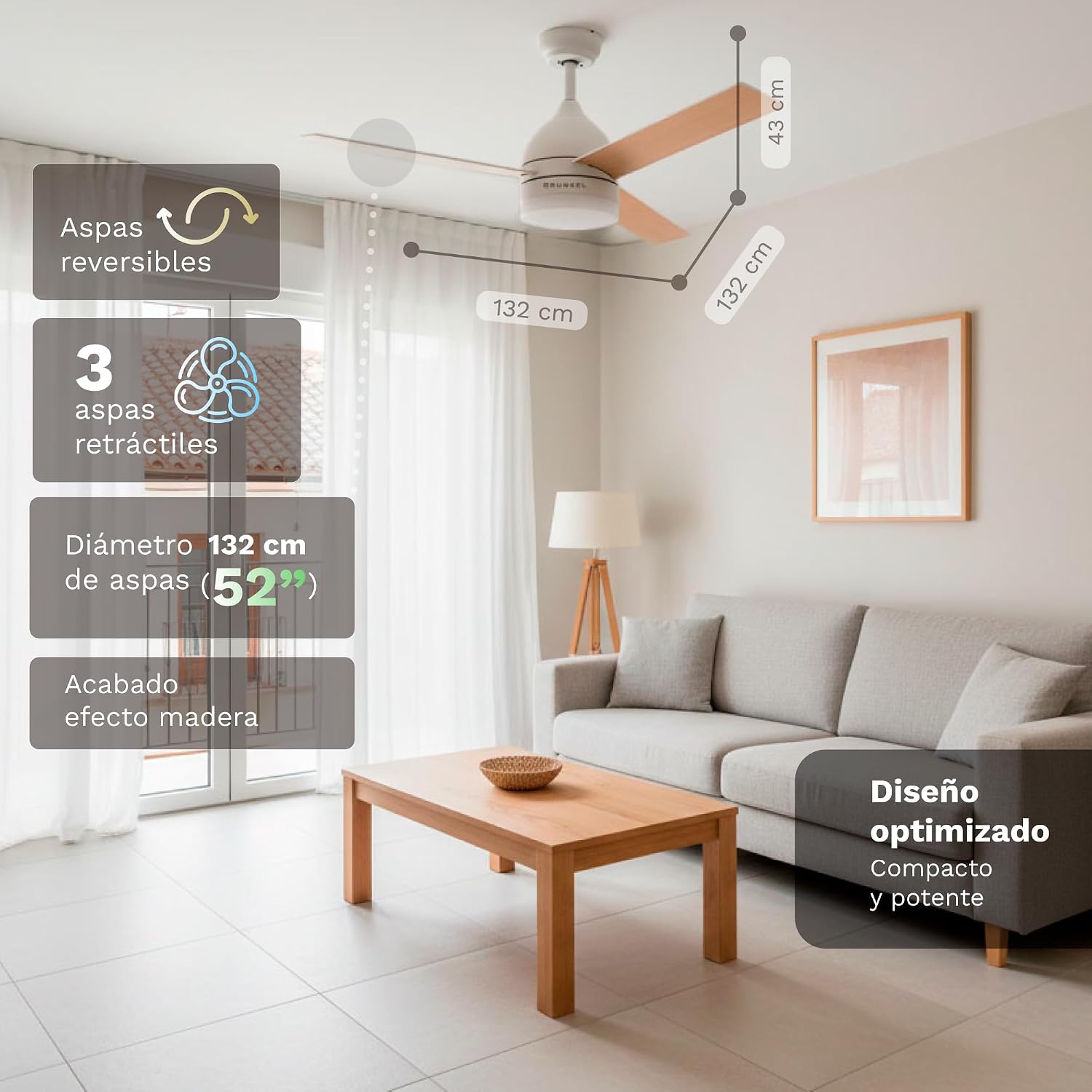 Detalle de Grunkel Ventilador de Techo con Luz LED y aspas reversibles (Blanco/Madera) - 6 velocidades, mando y temporizador