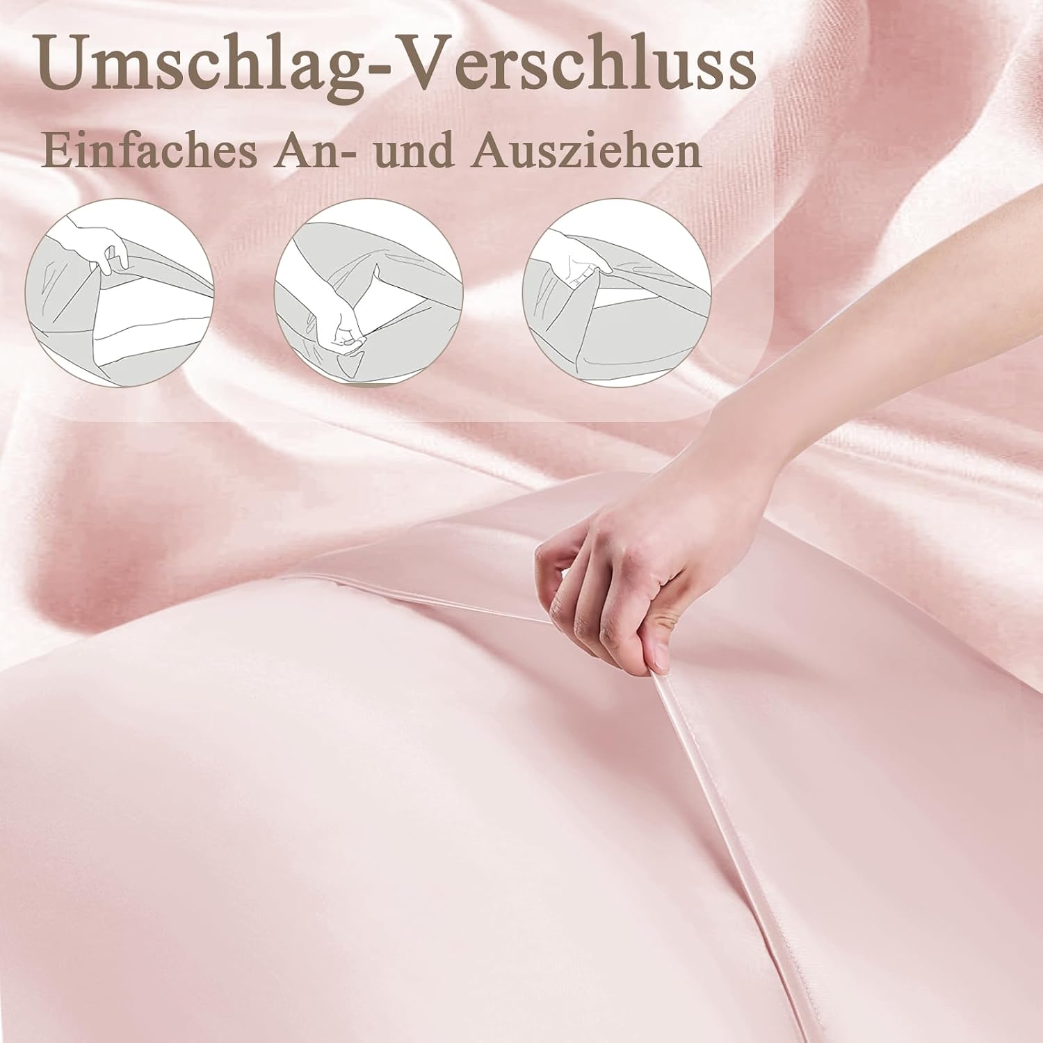 Detalle de Vielit Satin Kissenbezug 80x80 (2er-Set) mit 2 Haargummis – rosa, glatt wie Seide