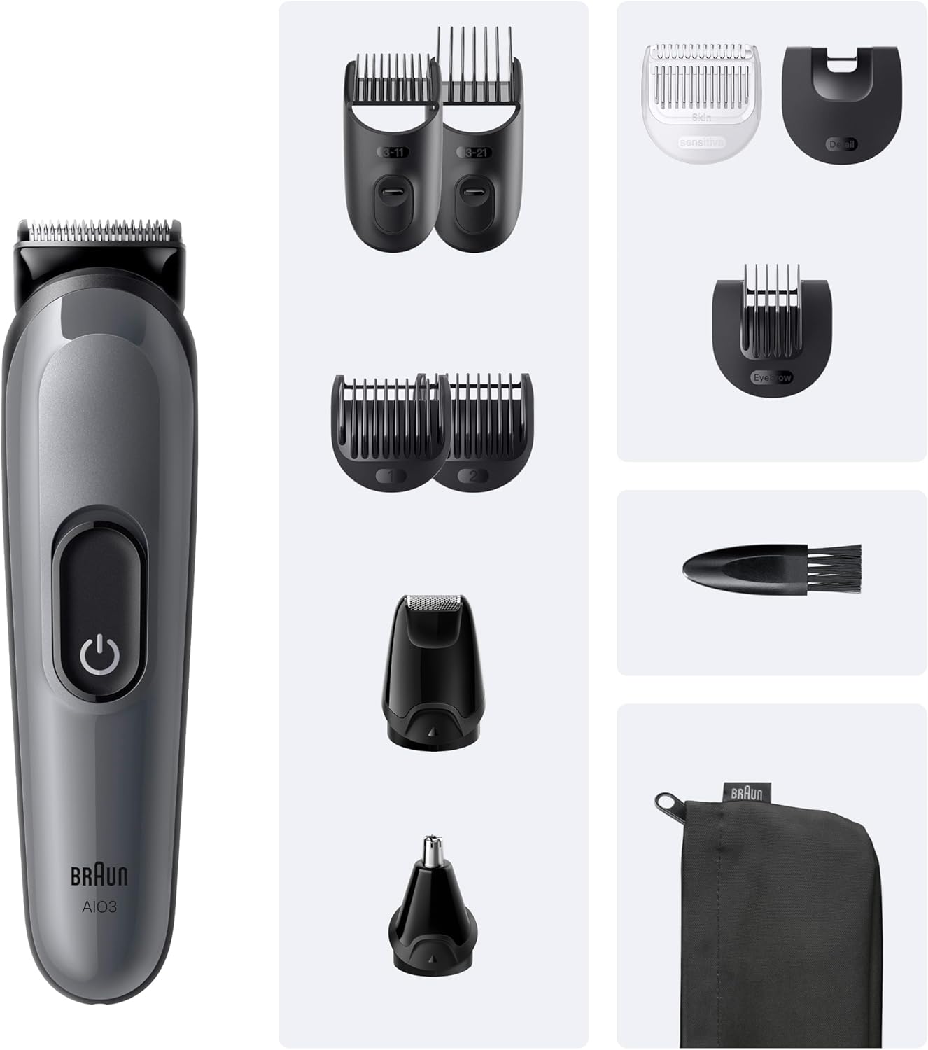 Detalle de Braun All-in-One Trimmer-Set 3 (11-in-1) – Multigroom für Bart, Gesicht und Kopf, 50 Min Akku, 14‑Längen 3–21 mm