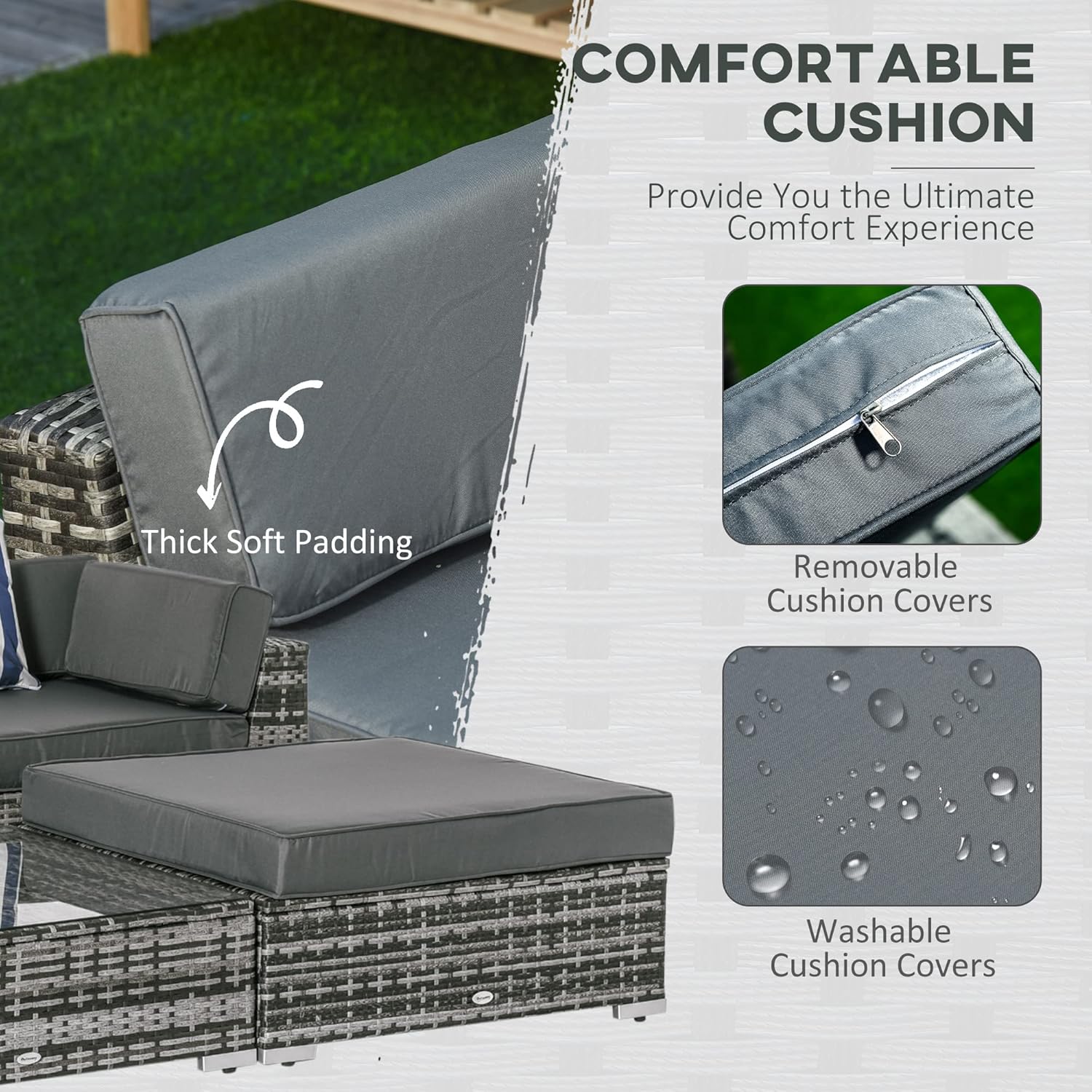 Detalle de Outsunny 6-piece rattan effect garden furniture set with 5-seater sofa, glass top coffee table and ottomans (grey)