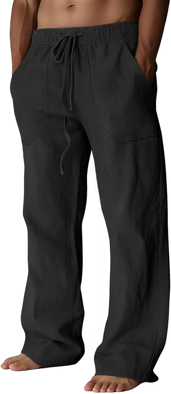 Detalle de Puimentiua Cotton Linen Pants for Men – Casual Loose Fit with Drawstring Waist (Summer Beachwear)