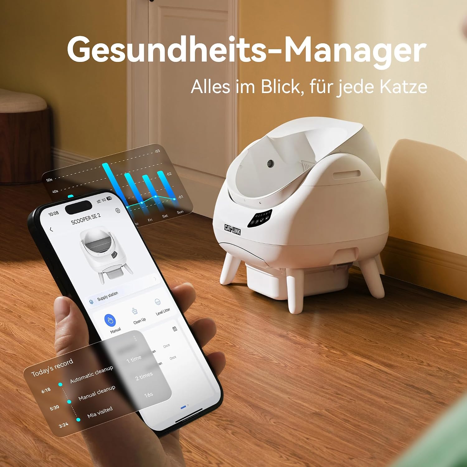 Detalle de CATLINK Selbstreinigende Katzentoilette XXL mit offenem Top-Design, 5 GHz WLAN & 12L Großvolumen (Grau)