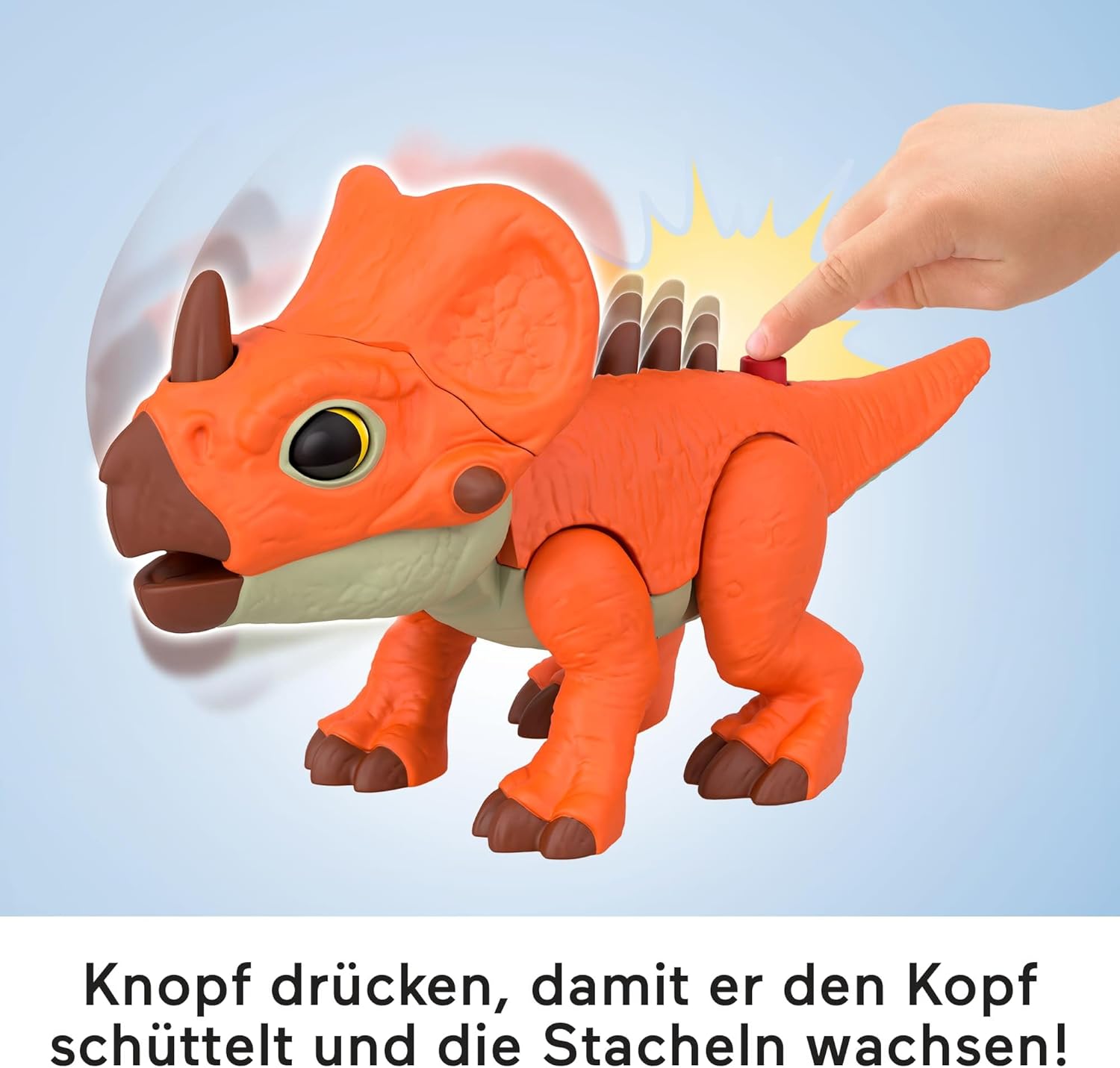 Detalle de Fisher-Price Imaginext Jurassic World Aquilops – interaktive Dino-Figur, ca. 20 cm, mit Knopfbewegung und wachsenden Stacheln