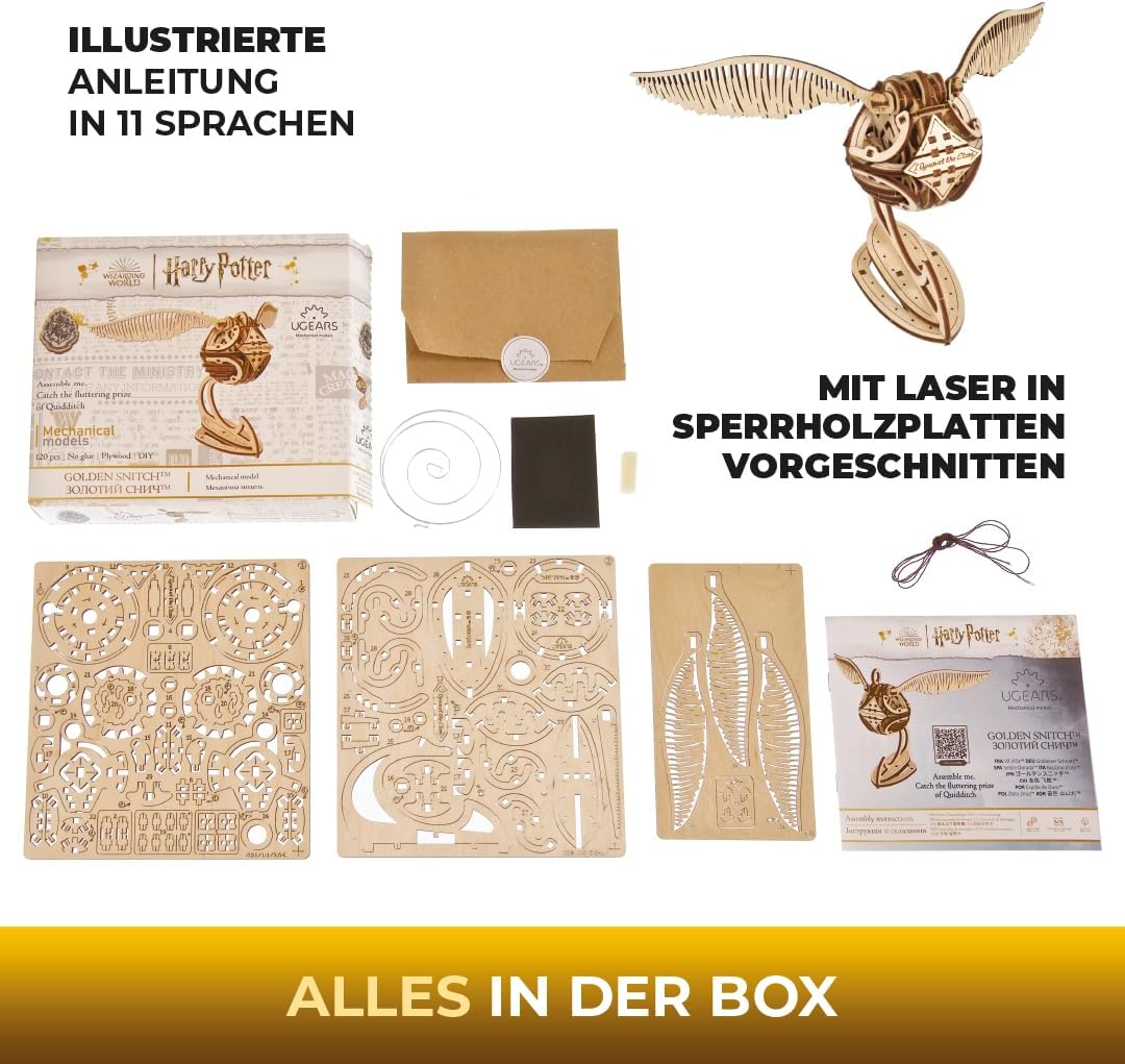 Detalle 2 de UGEARS Goldener Schnatz Harry-Potter 3D-Holzpuzzle für Erwachsene – mechanisches Modell zum Selberbauen