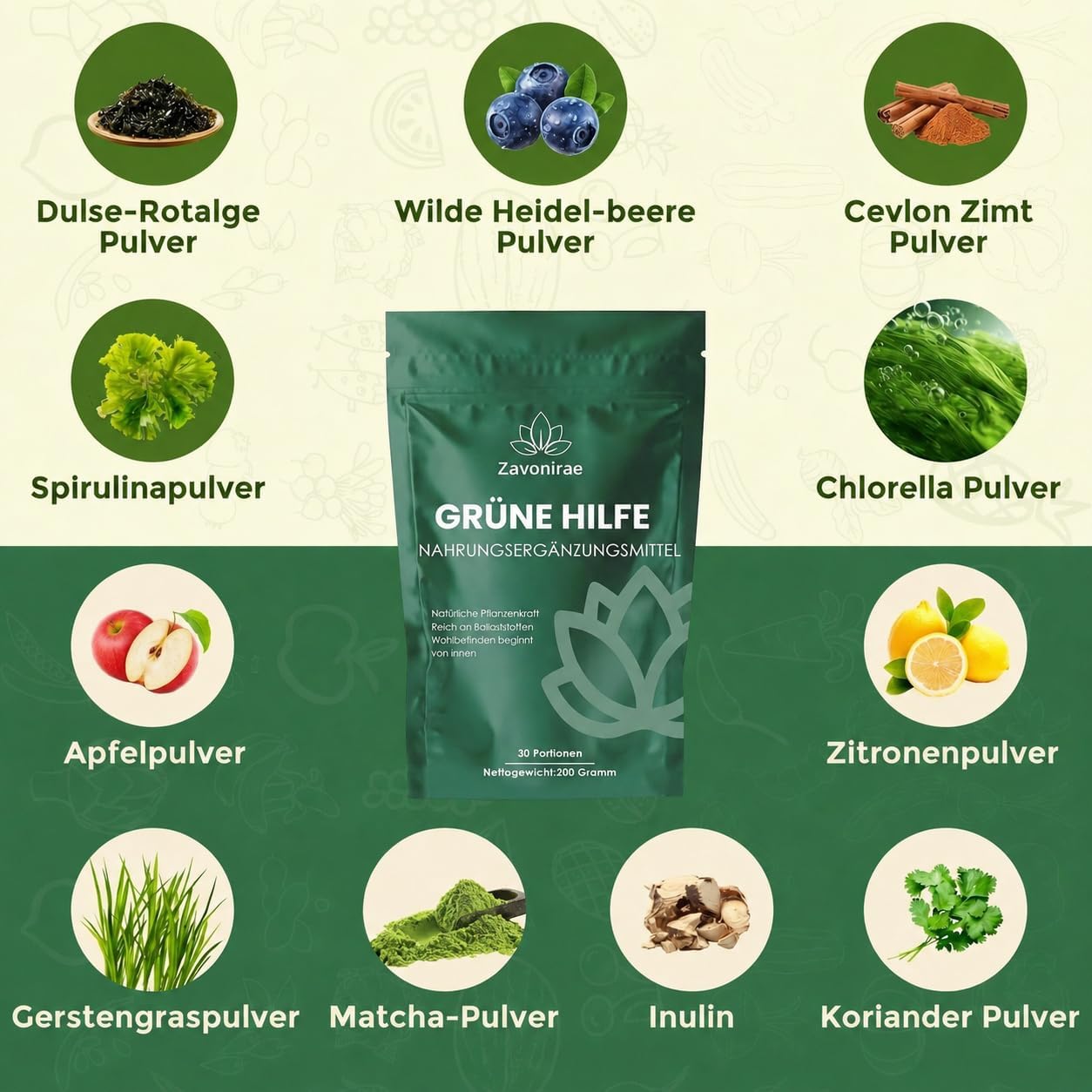 Detalle de Grüne Entgiftungspulver – 200 g Superfood Greens Mix mit Matcha, Gerstengras, Heidelbeeren