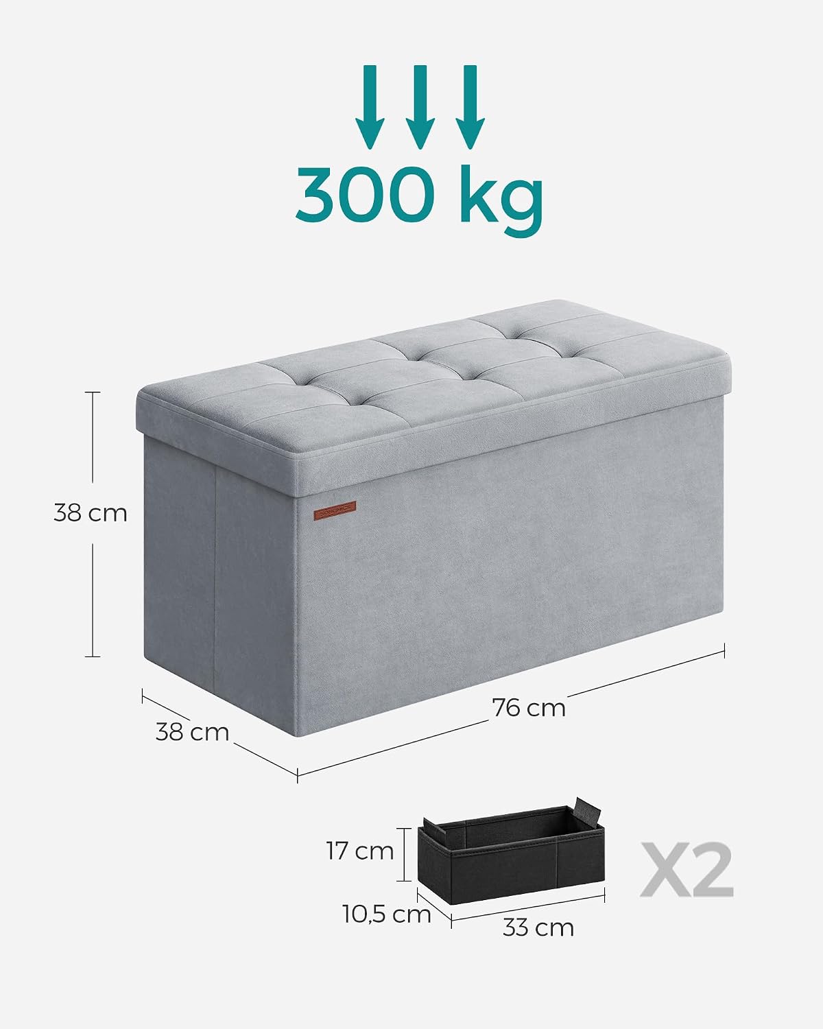 Detalle de SONGMICS LSF247G02 vikbar förvaringsbänk i sammet, 89 liter