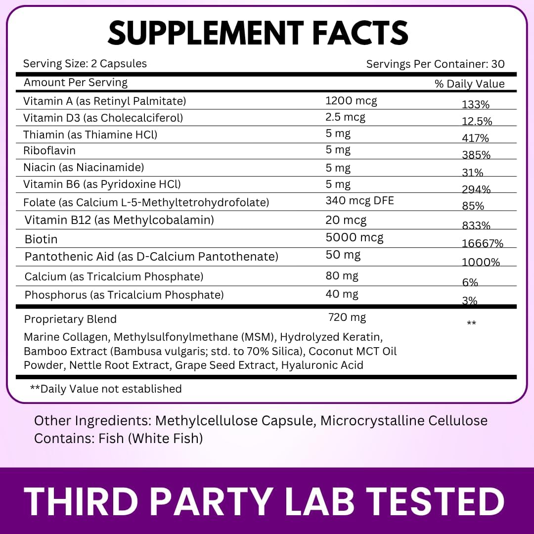 Detalle de VITBOOST Biotin Supplement with Hyaluronic Acid, Collagen & Keratin, 25,000 mcg, 60 Count