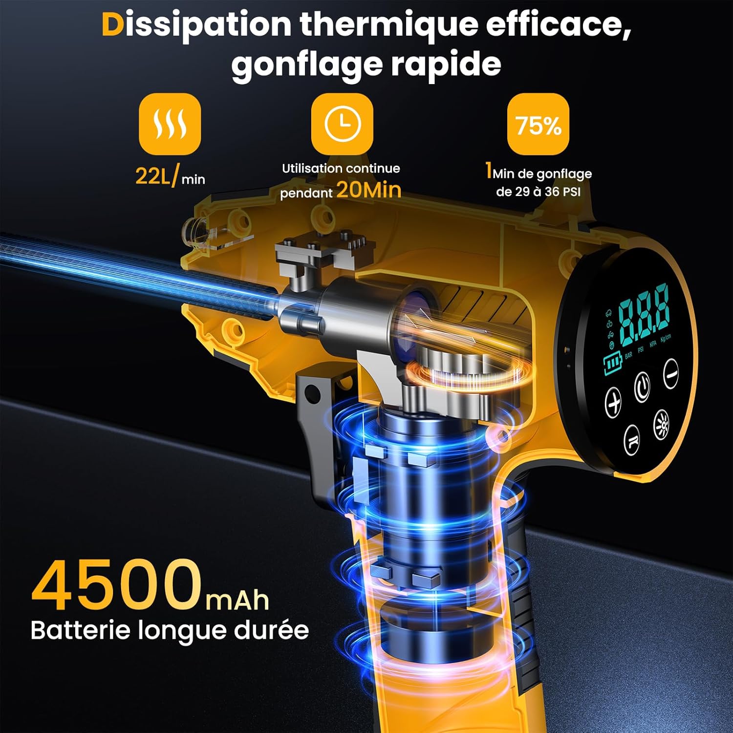 Detalle de Ipflin Gonfleur Pneus Voiture Sans Fil – Compact et Polyvalent, 150 PSI, 22 L/min