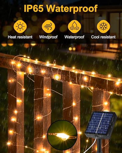 Detalle de Tacobey 2 Pack Guirnaldas Luces Exterior Solar, 20M, 200 LED – 8 Modos, Temporizador y Cables de Cobre (Blanco Cálido)