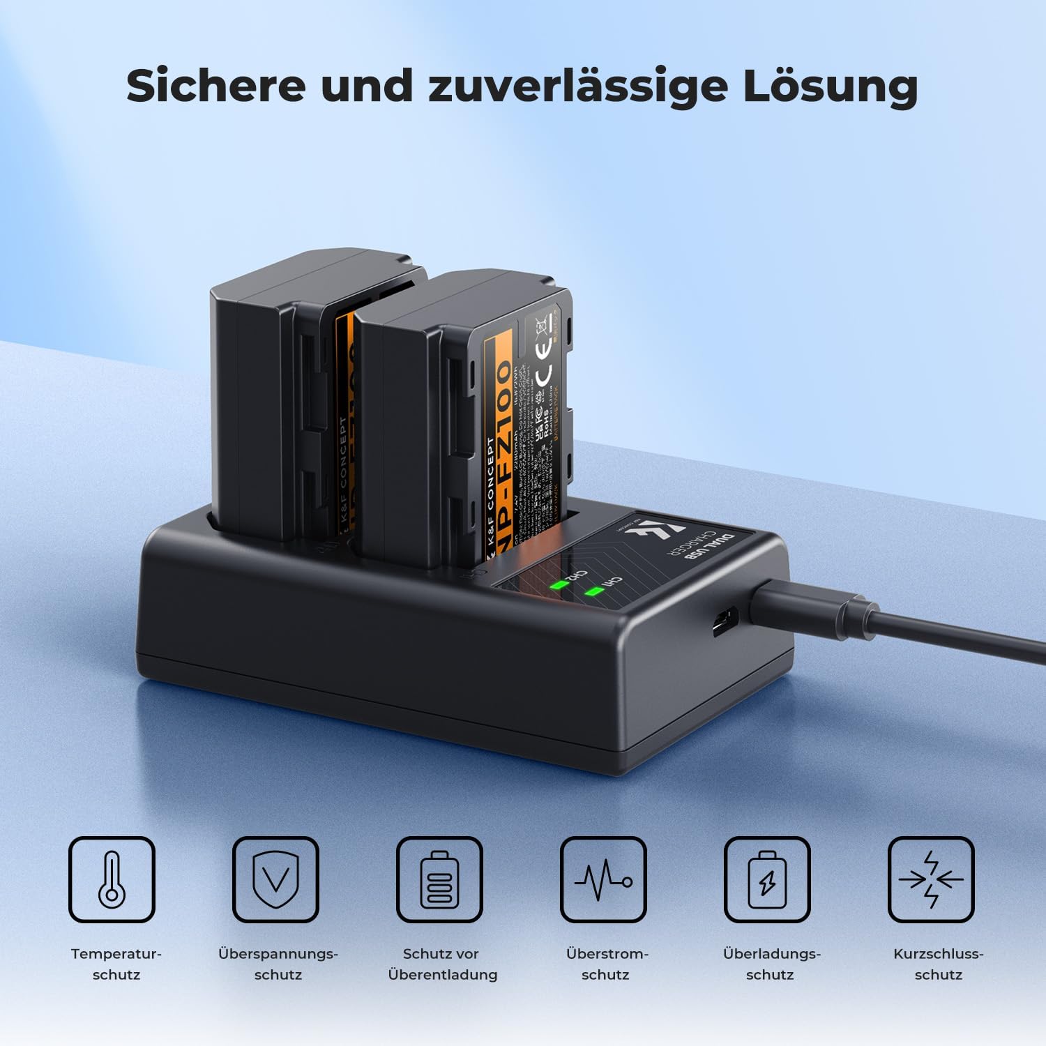 Detalle de K&F CONCEPT NP-FZ100 Kamera-Akku 2er Pack (2280 mAh) mit USB-Dual-Ladegerät für Sony Alpha