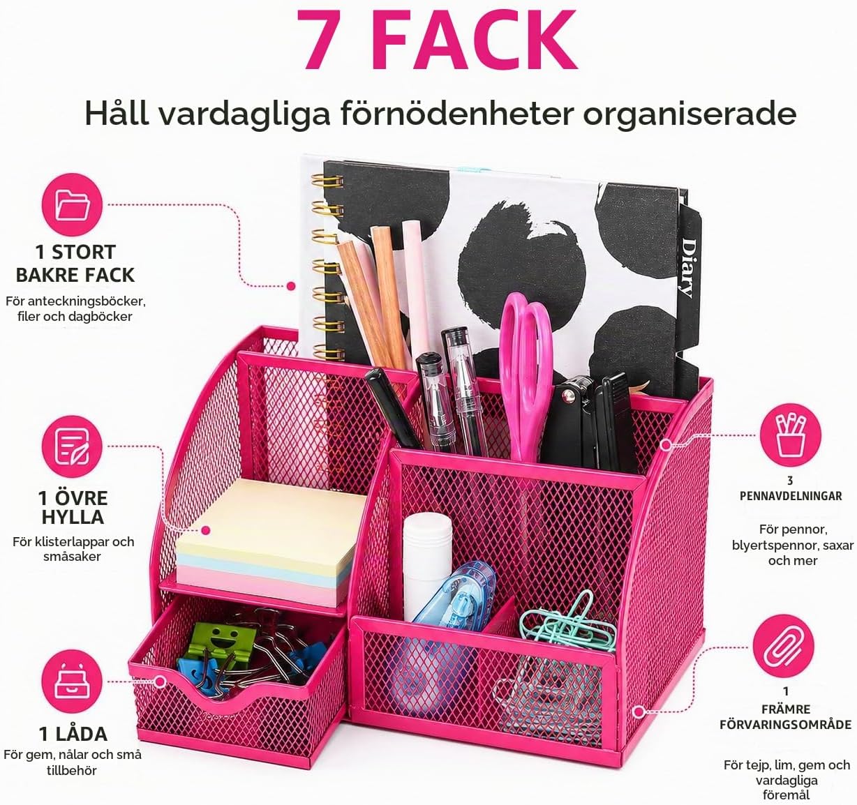 Thumbnail 3 de EXERZ skrivbordsorganisatör i rosa metallnät med utdragbar låda