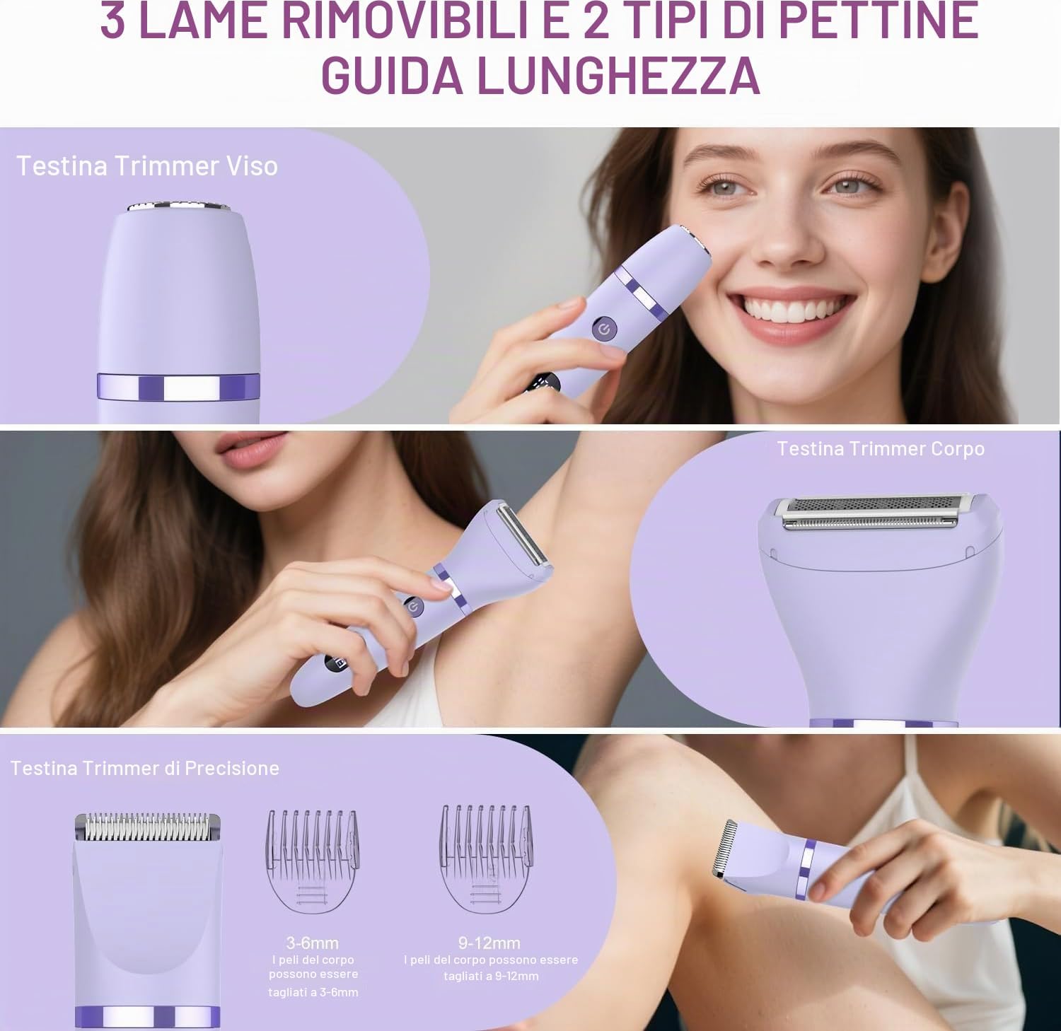 Detalle de Rasoio elettrico Donna Viso Bikini Corpo con 3 testine intercambiabili —IPX7, LCD, uso a secco/bagno