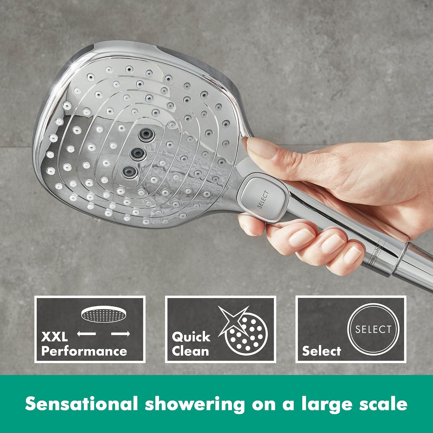 Detalle de Hansgrohe Raindance Select E – Pommeau de douche éco d’eau 8,5 l/min (EcoSmart), 3 jets, 120x120 mm, chromé