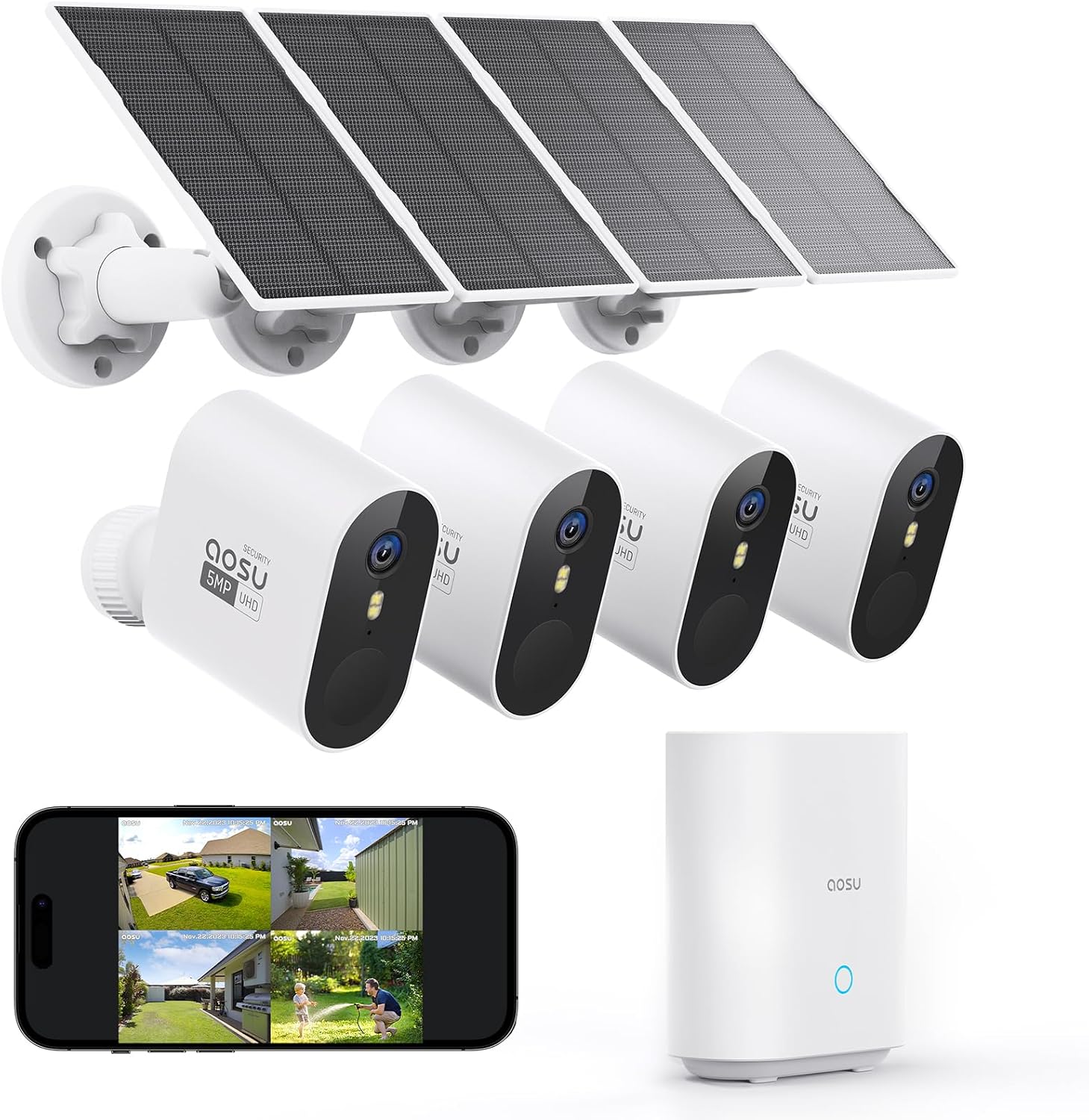 Detalle de aosu 3K 5MP Solar-Überwachungskamera Außen-Kit mit 4 Cam, 32 GB lokal (aosuBase) und Farb-Nachtsicht