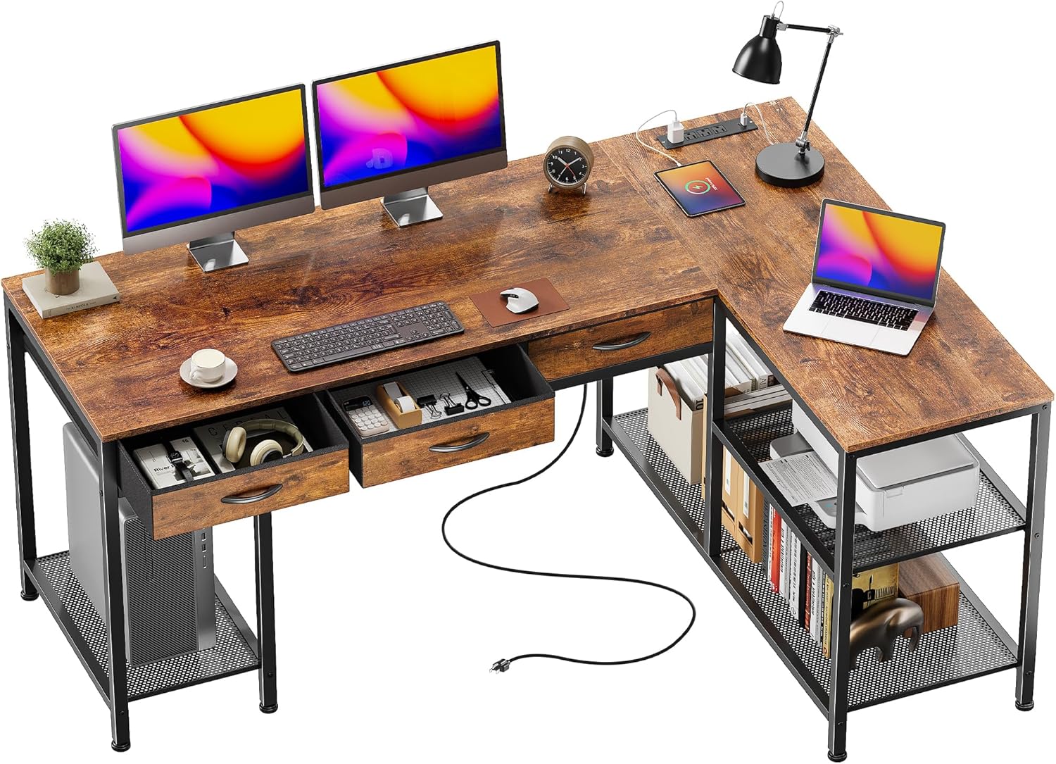 PRAISUN 55 Inch L-Shaped Desk with Power Outlets and Type-C Port