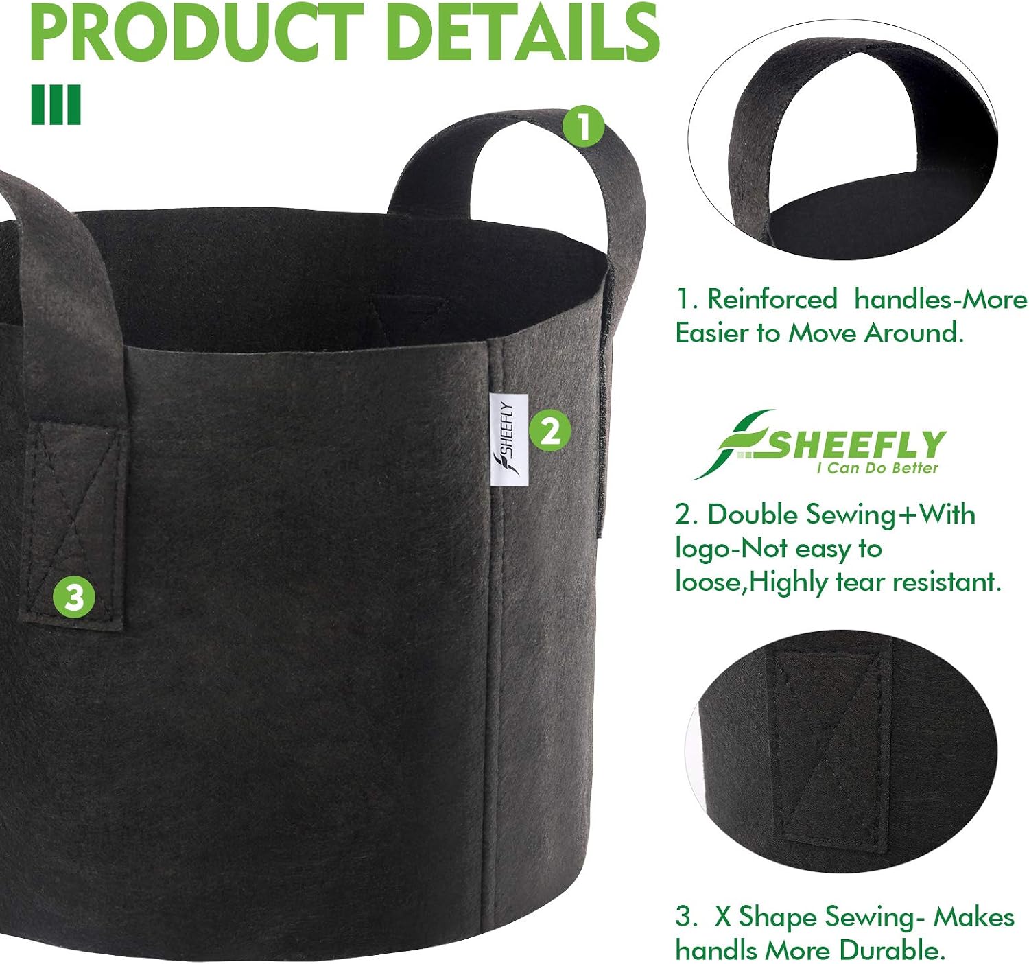 Detalle de SHEEFLY 10 Pack 7 Gallon Grow Bags (300GSM) with Reinforced Handles and Plant Labels