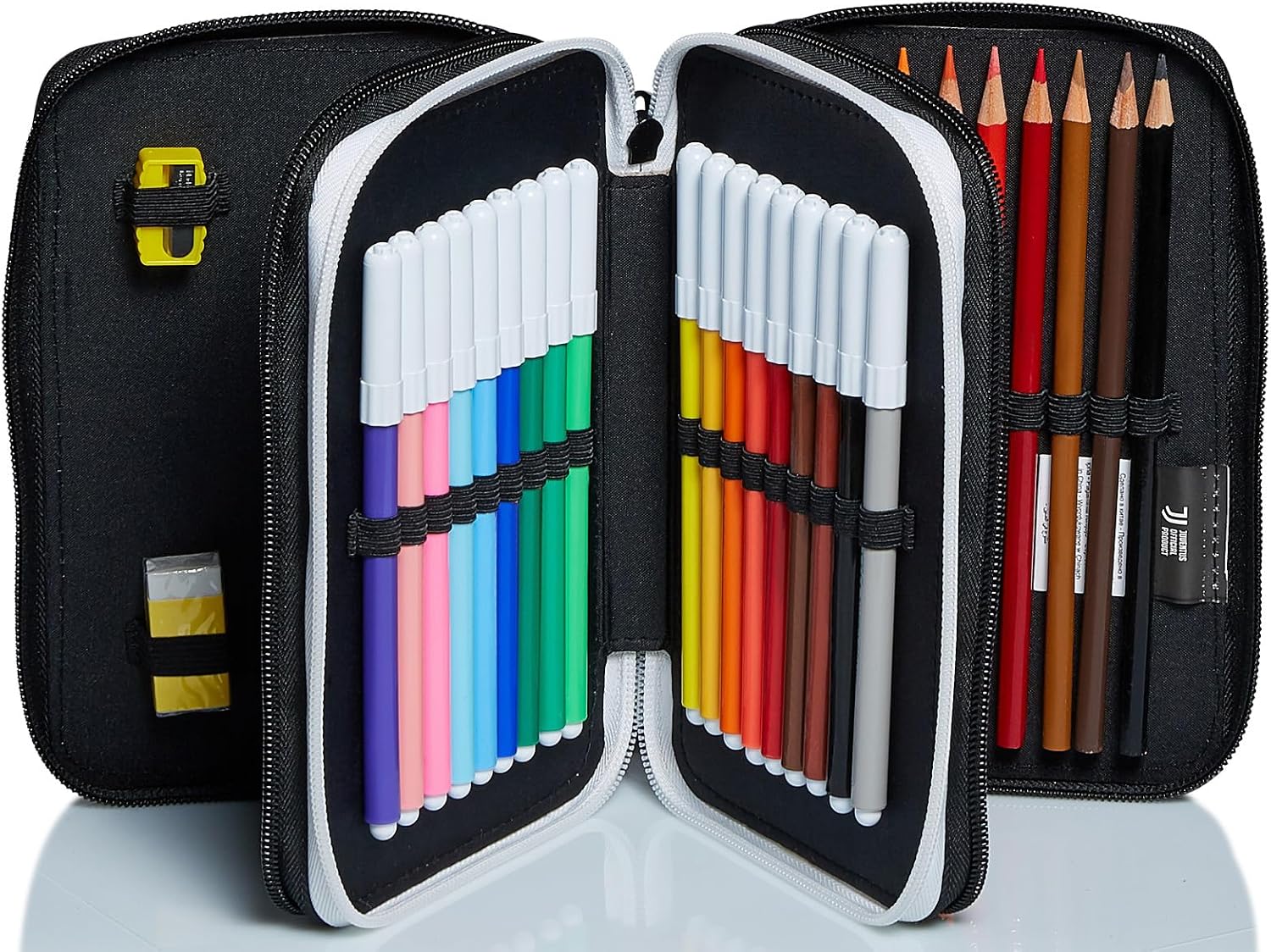 Detalle de Seven Astuccio Scuola Juventus 3 Zip – Bianco/Nero, triplo scomparto con accessori per zaino