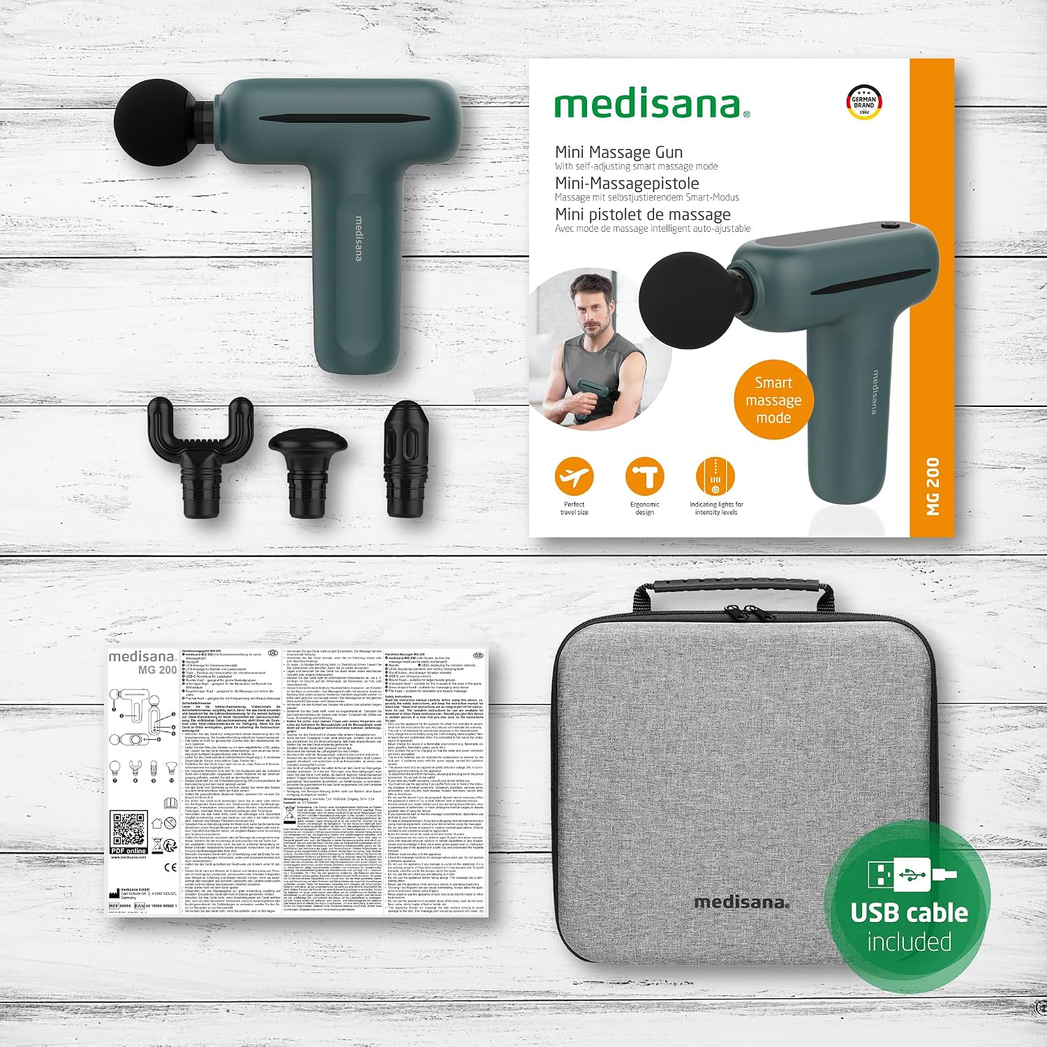 Detalle de Medisana MG 200 Massagepistole mit Smart-Modus, 4 Aufsätzen und 5 Intensitätsstufen