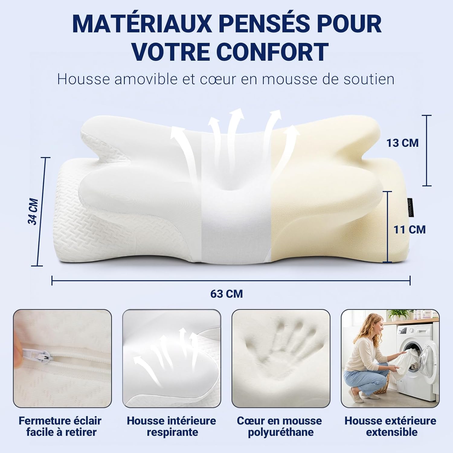 Detalle de COSYLAND Oreiller de Nuque en Mousse à Mémoire de Forme – Soutien ergonomique pour dormir sur le côté et le dos