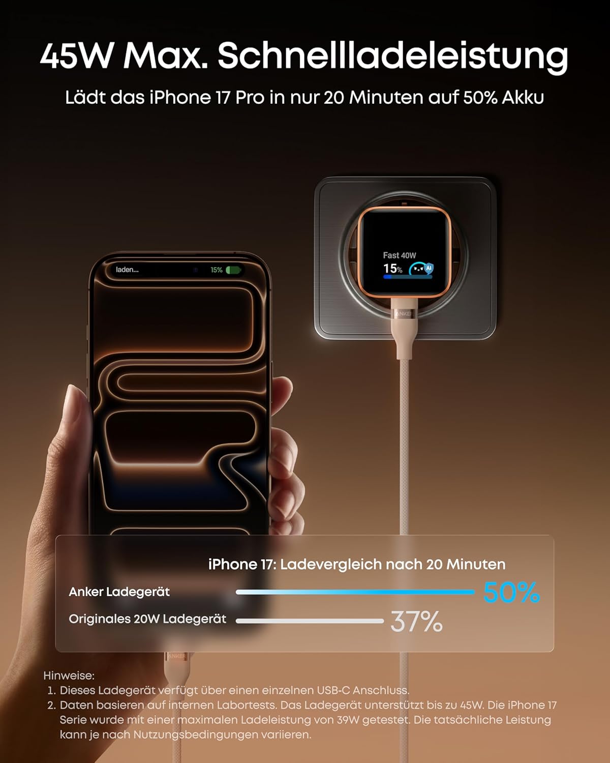 Detalle de Anker Smart Ladegerät Nano 45 W mit Display, intelligenter iPhone-Erkennung und Pflege-Modus