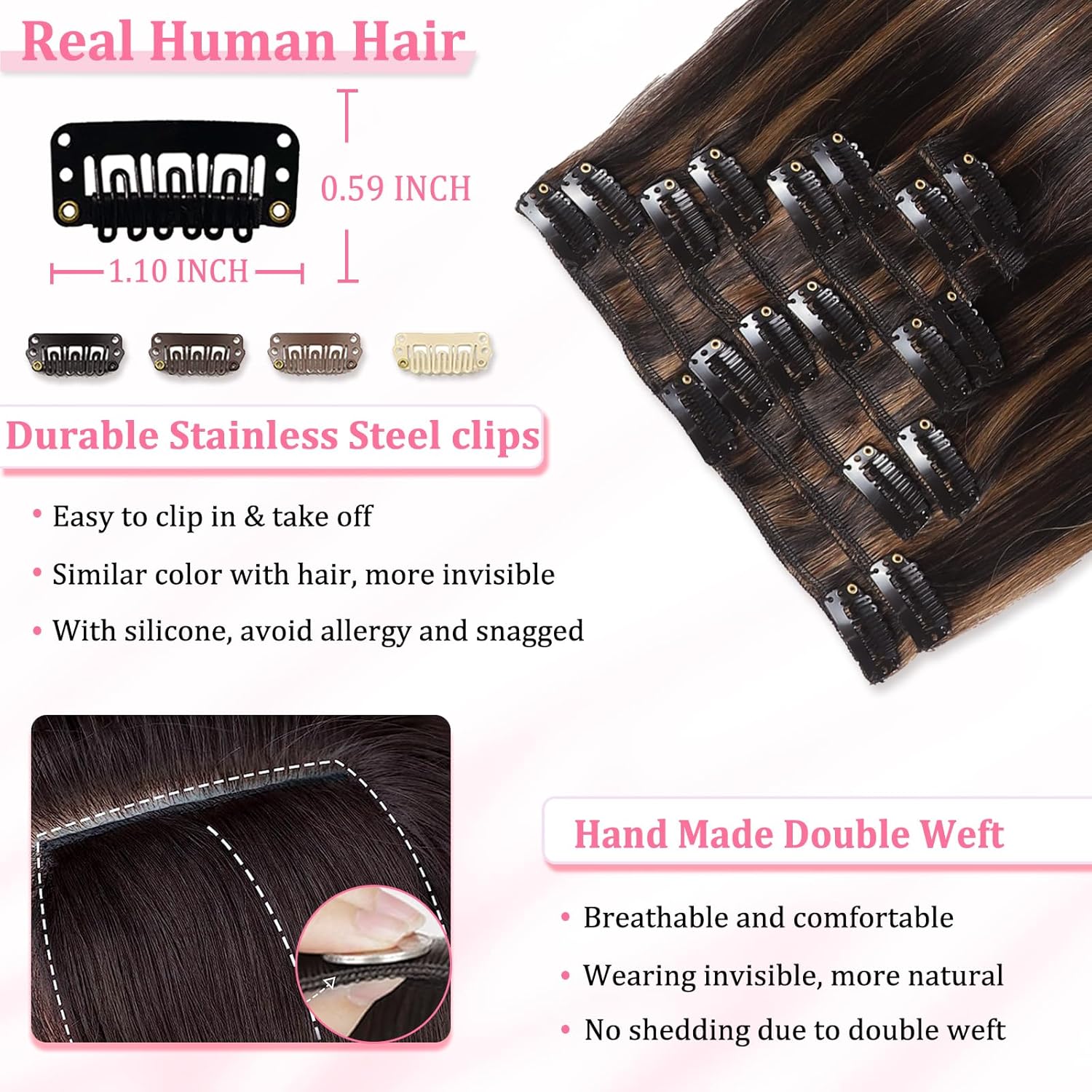 Thumbnail 4 de Real Human Hair Clip-In Extensions (Brazilian Remy) Seamless Balayage, Dark Brown/Chestnut Brown, 8 Pieces