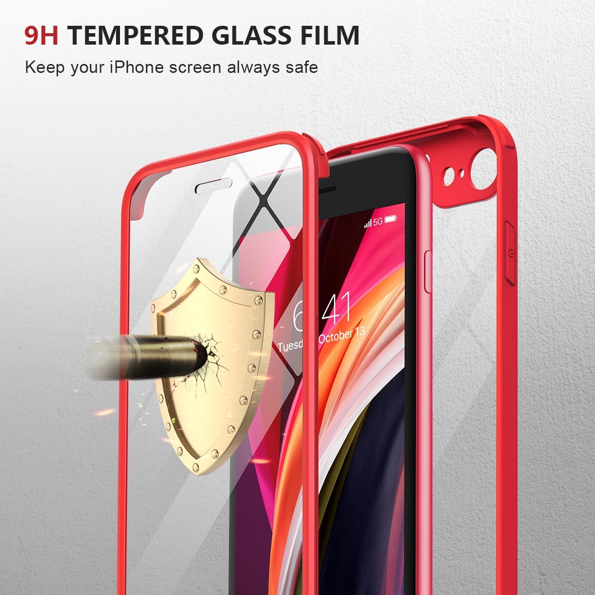Thumbnail 4 de iPhone SE 2022/2020 Case with Built-in Glass Screen Protector – Red Bumper, Transparent Back