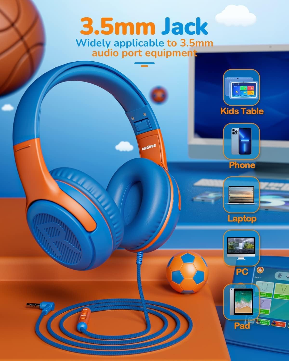 Thumbnail 4 de awatrue Kids Headphones Wired Headset with Microphone (OrangeBlue+BlueGreen)