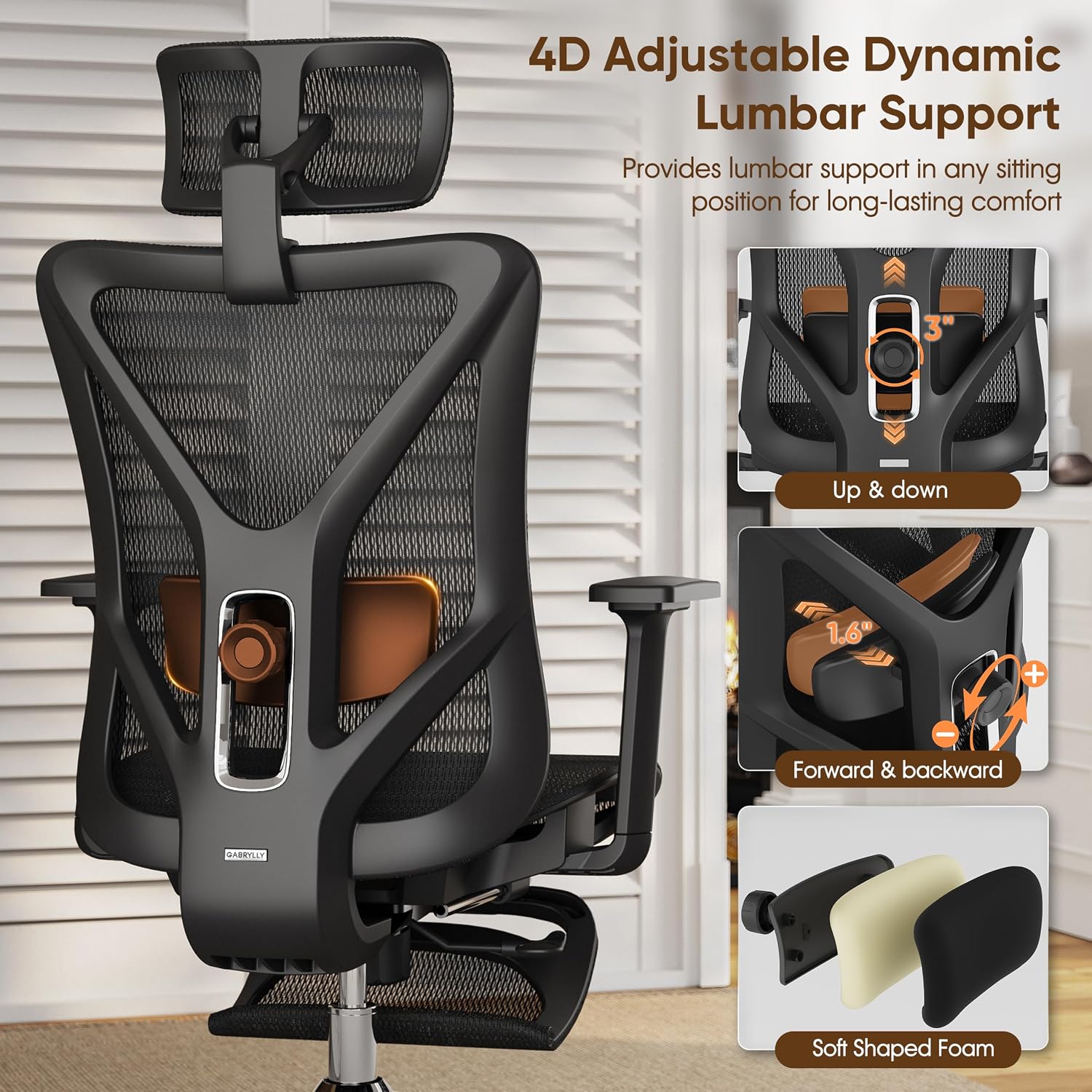 Detalle 2 de GABRYLLY GYMN01 Ergonomic Office Chair with Footrest, 135° Recline and Mesh Back