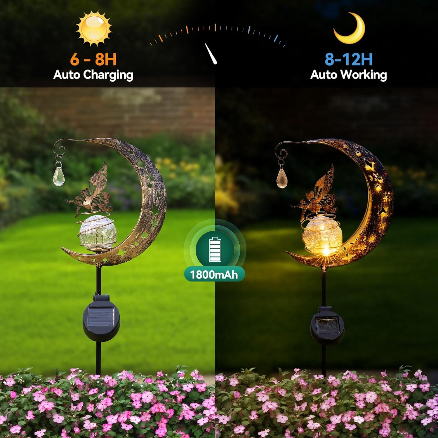 Thumbnail 1 de Warmiehomy Retro Moon Solar Garden Lights (Waterproof, Dual Mode) with Cracked Glass Ball & Water Drop Pendant