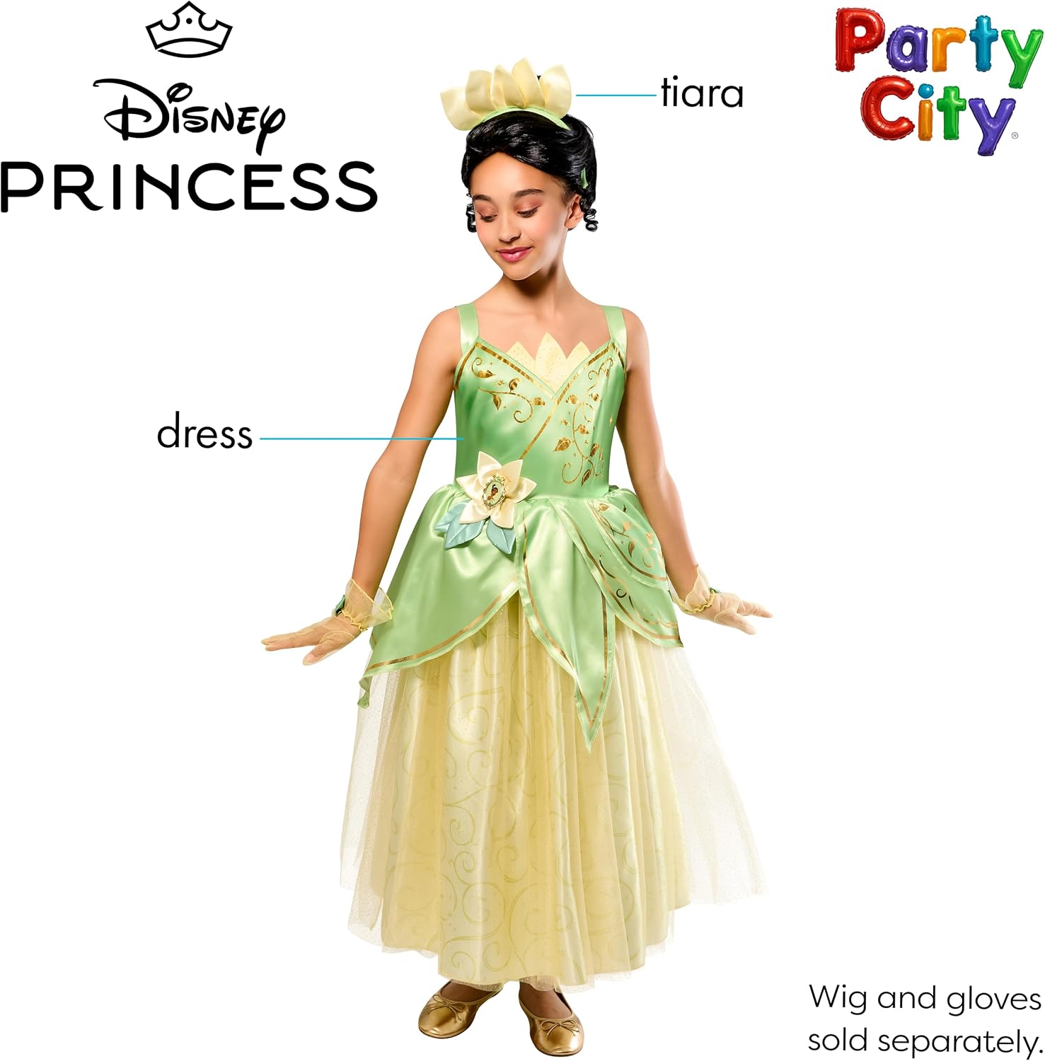 Detalle 2 de Party City AM8411784 Disney Princess Tiana Costume Dress, Gold Foil and Glitter Mesh