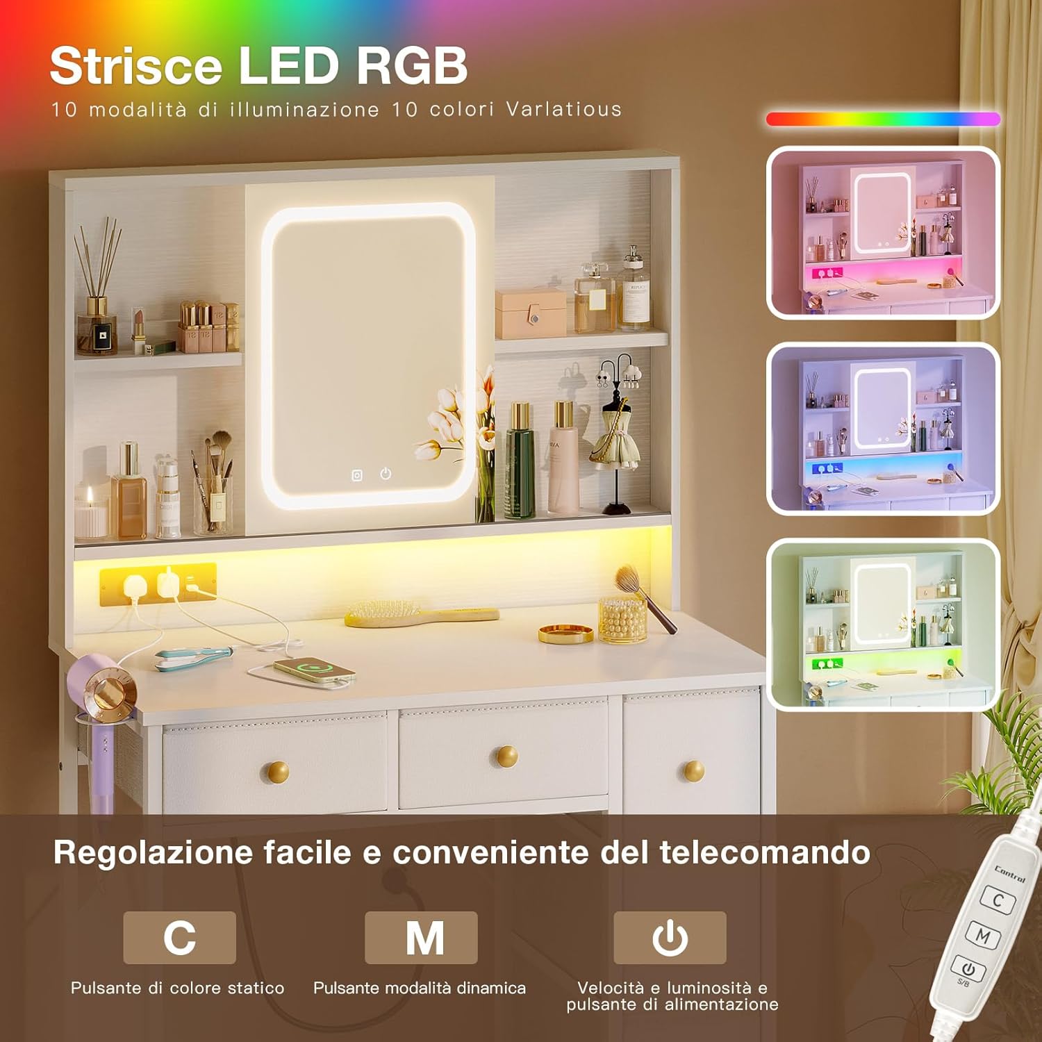 Detalle 2 de ODK Tavolo da toeletta con specchio LED mobile (5) – 8 cassetti, USB, barra RGB, bianco, 110 × 40 × 137 cm