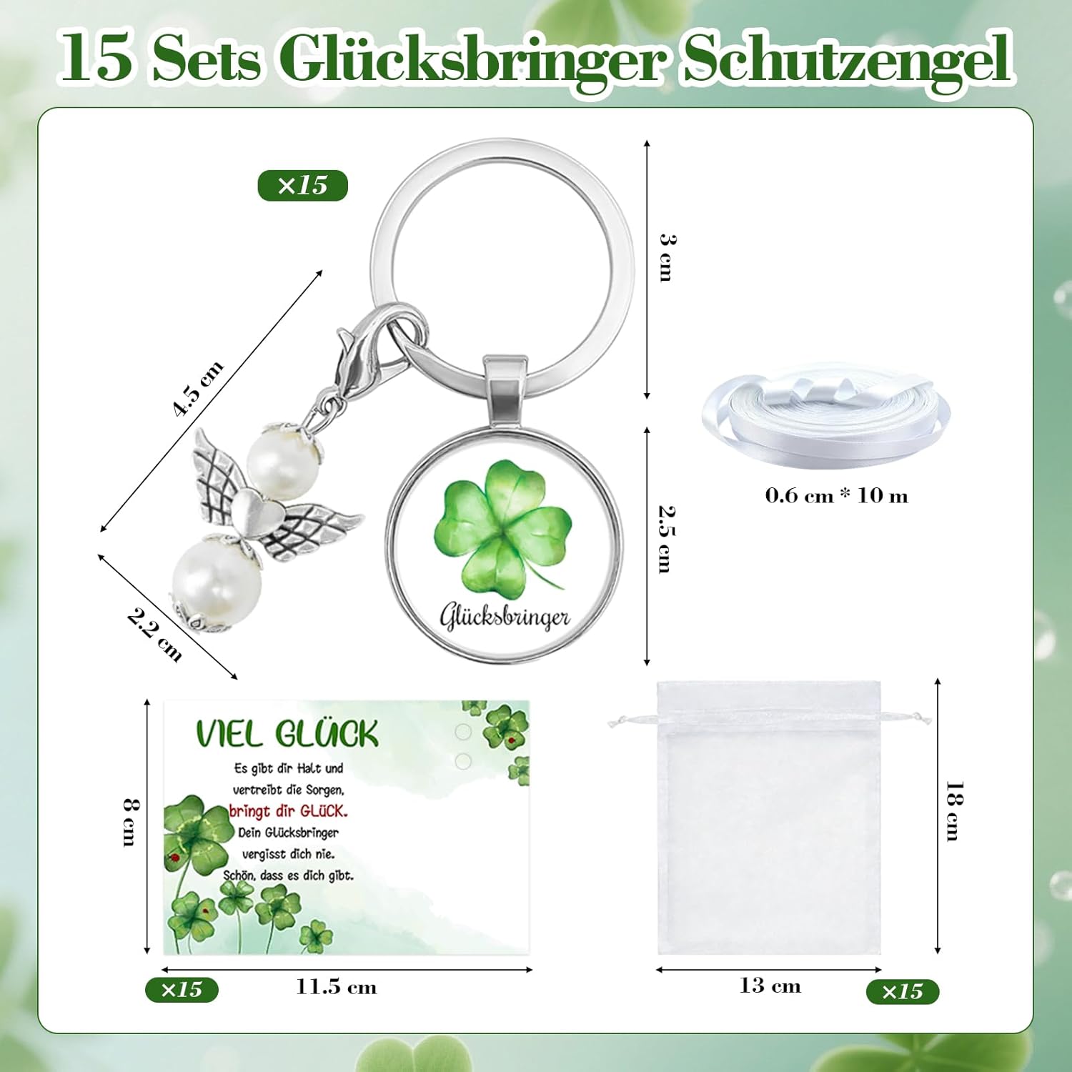 Detalle de Epaing 15er Glücksbringer Schlüsselanhänger Set – Vierblättriges Kleeblatt & Schutzengel als DIY-Geschenk