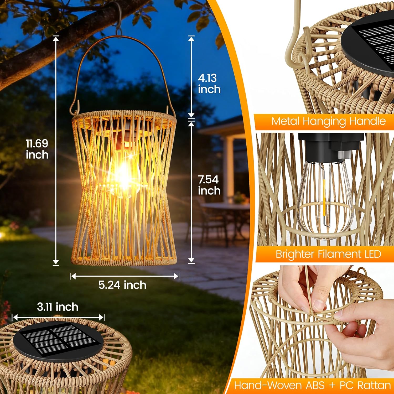 Thumbnail 5 de AOUNQ Solar Lights Outdoor Garden Ornaments – 2 Pack Vintage Rattan Hanging Solar Lanterns (Auto On/Off, IP65)