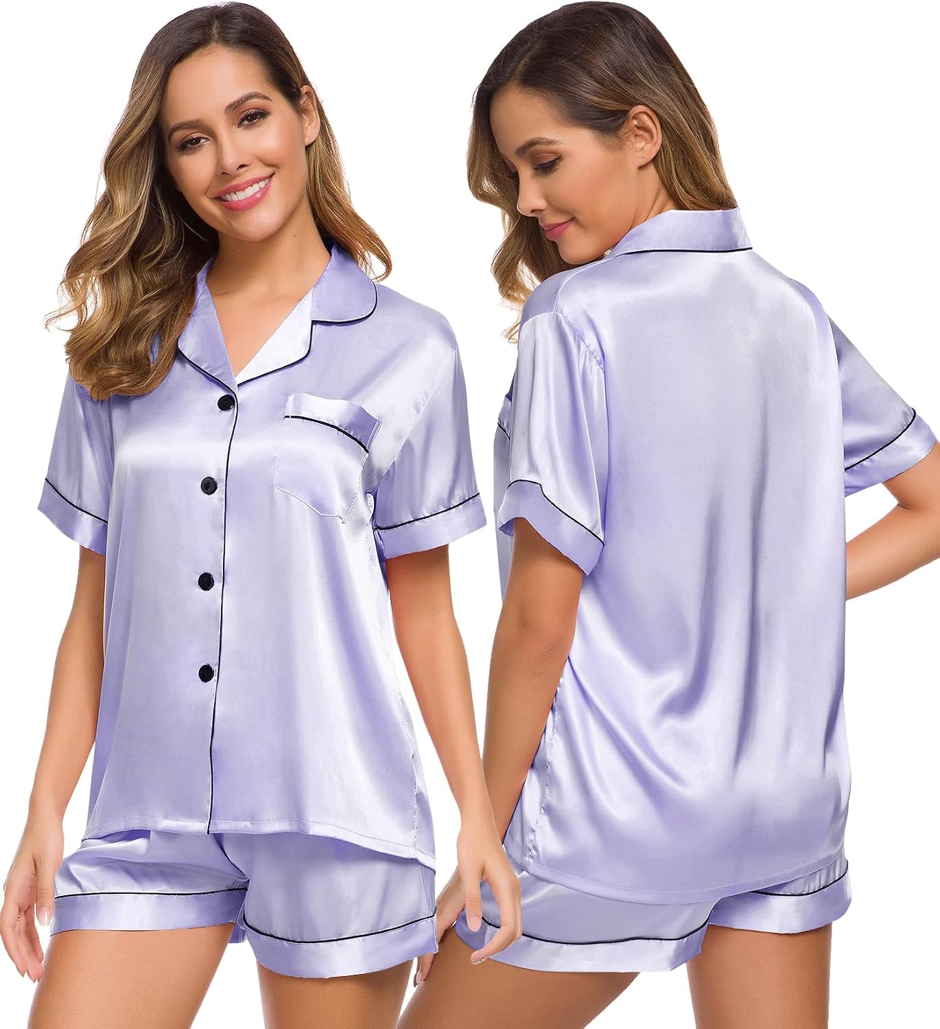 Detalle de SWOMOG women’s silk satin pyjamas set with button-down shirt and elastic waist trousers