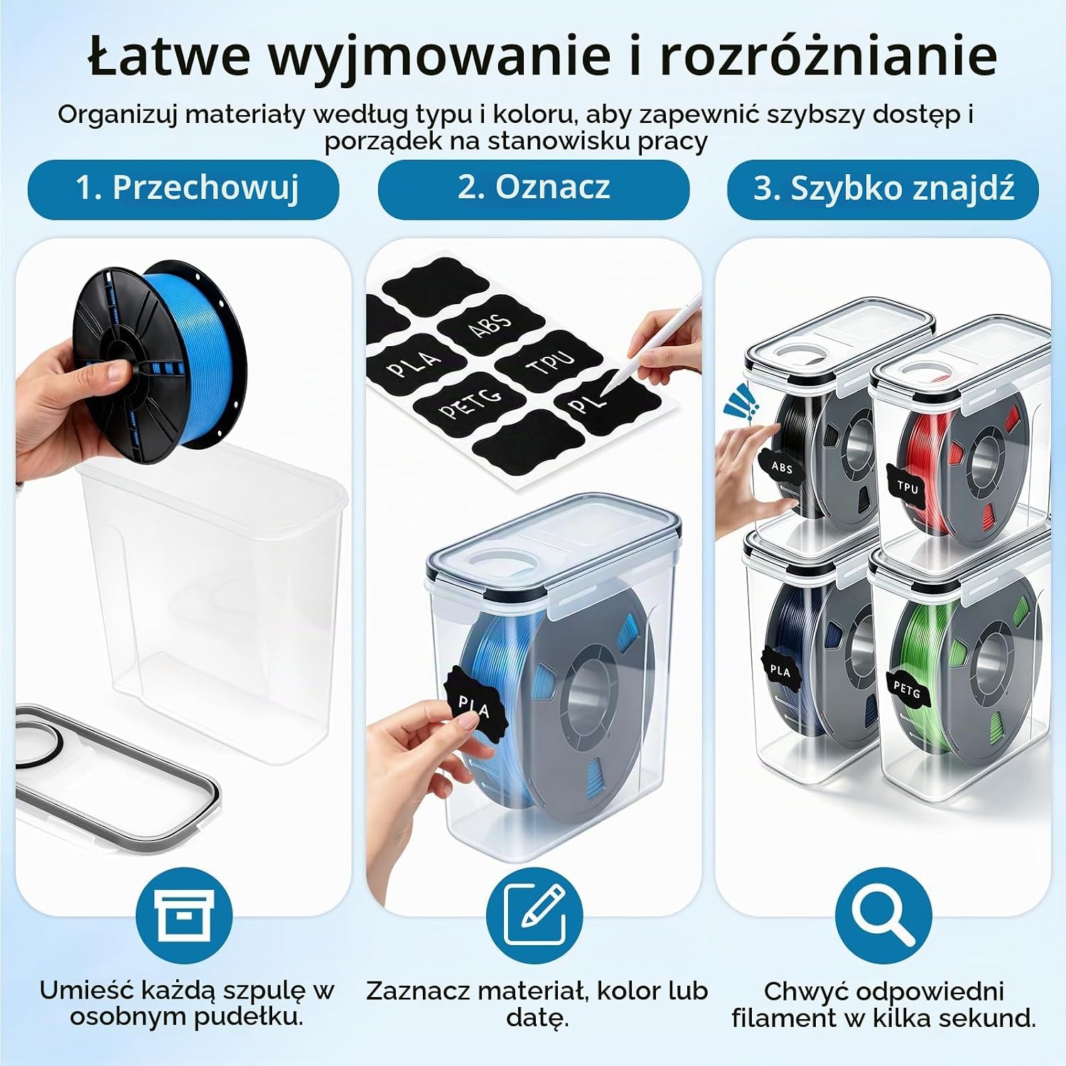 Detalle de Jukibole – zestaw 4 hermetycznych pojemników na filament, 4 l, przezroczyste
