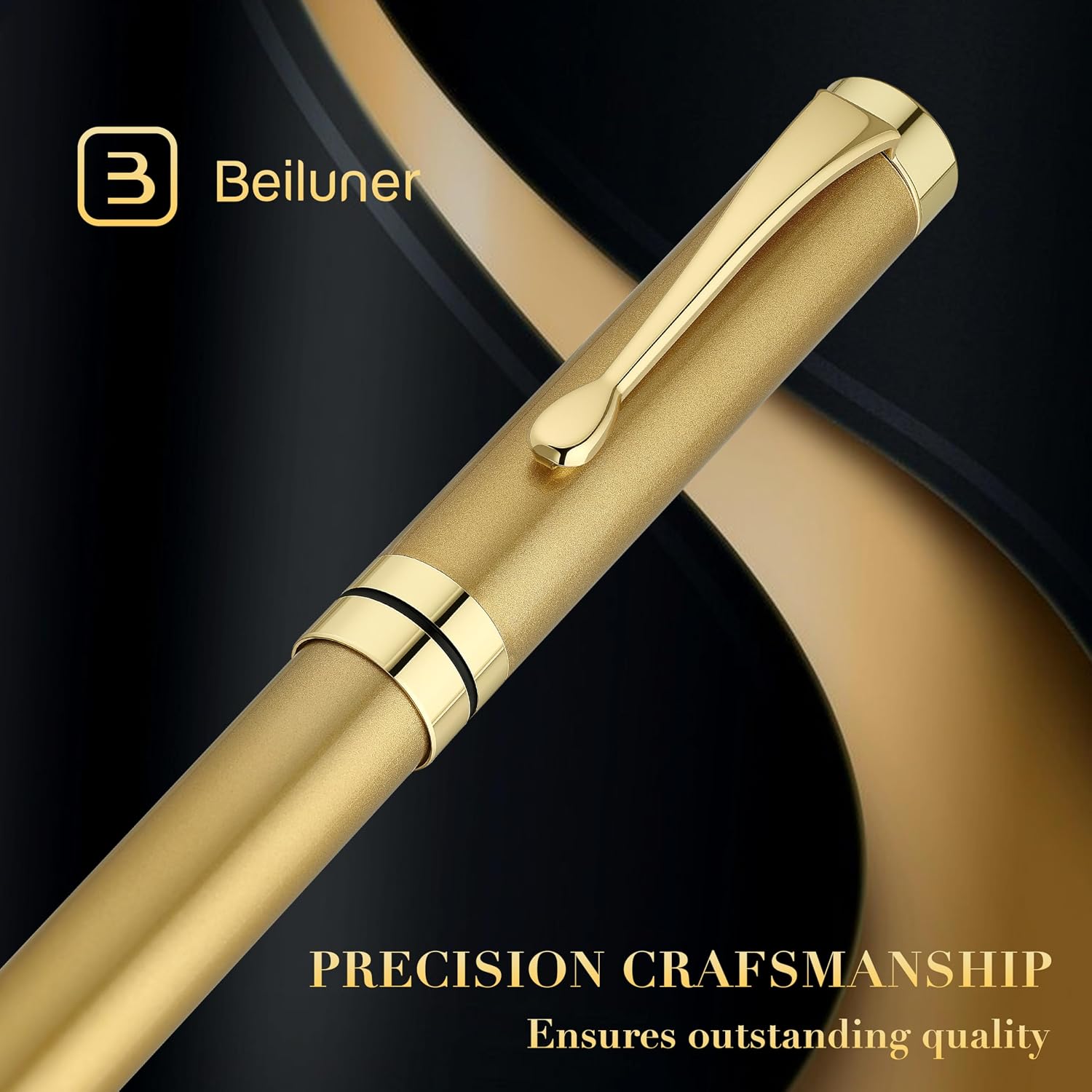 Detalle de BEILUNER Stainless Steel Pen Set with Golden Trim, Black Ink and Gift Box