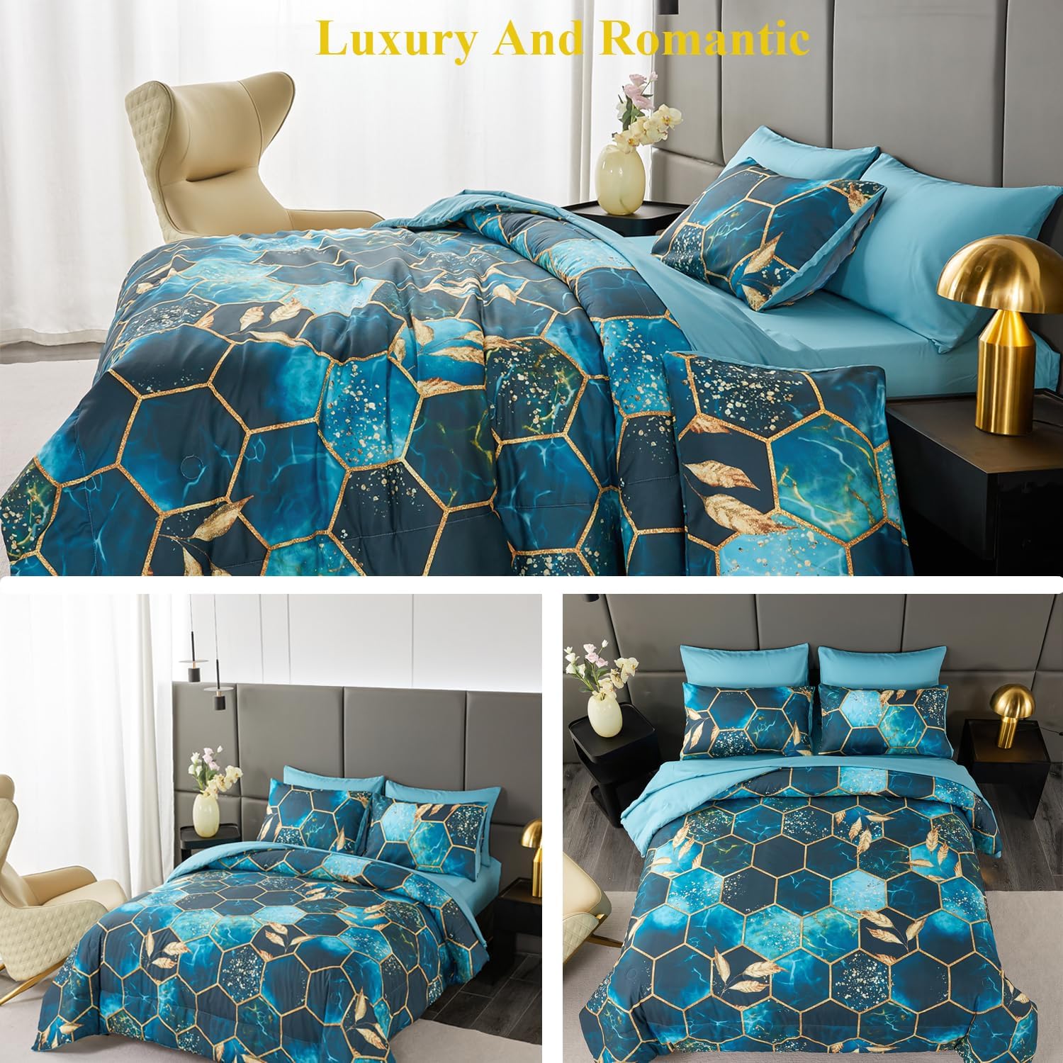Detalle 2 de ANGIYUIN Teal Gold Bedding Set King 7pc