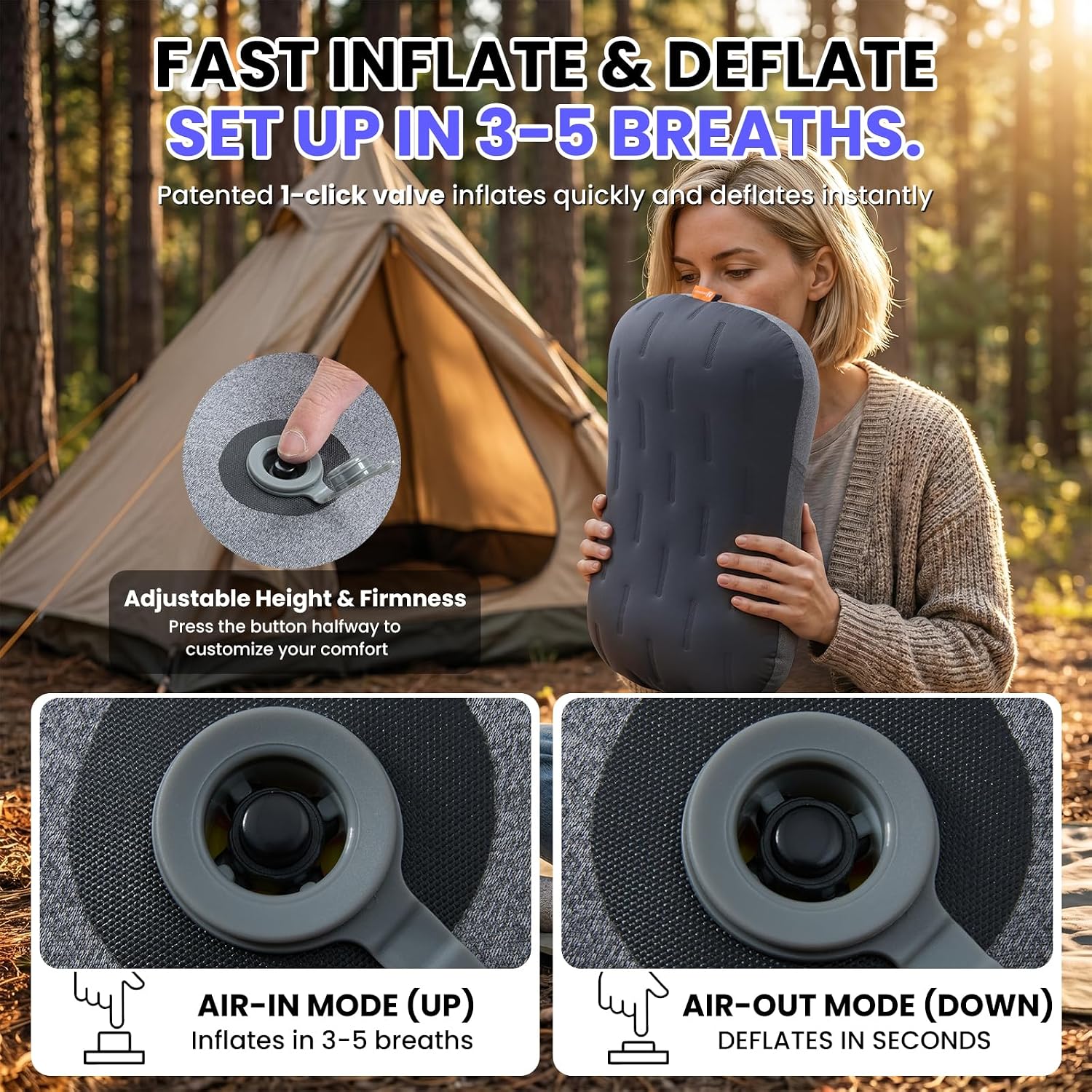 Detalle 1 de CAMPNREST Inflatable Camping Pillow, Ergonomic Air Pillow with Washable Cover