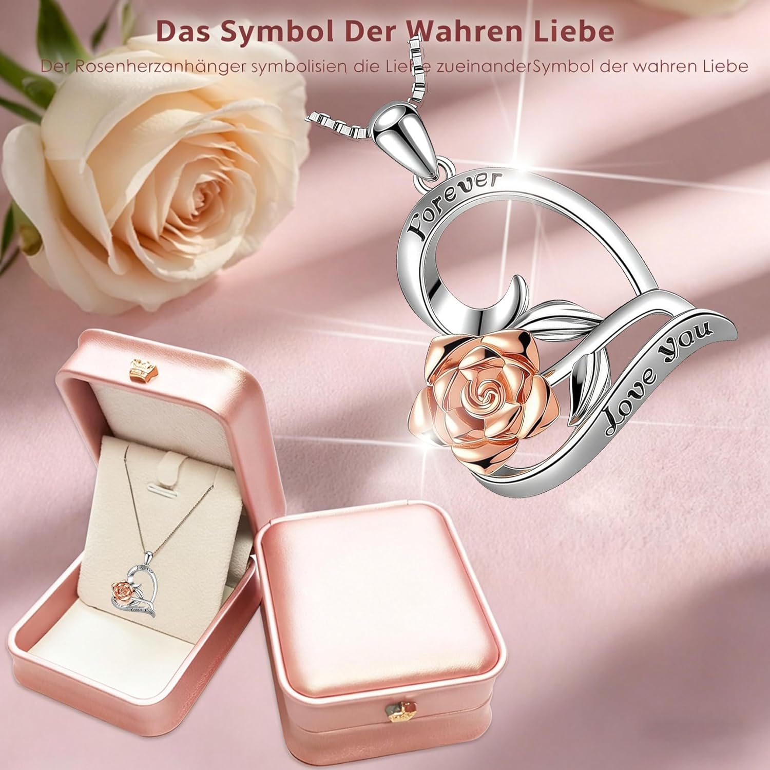 Thumbnail 2 de SWEETIME 925 Sterling Silber Halskette Damen mit Rosenherz-Anhänger – Forever & Love You Gravur, 45 cm