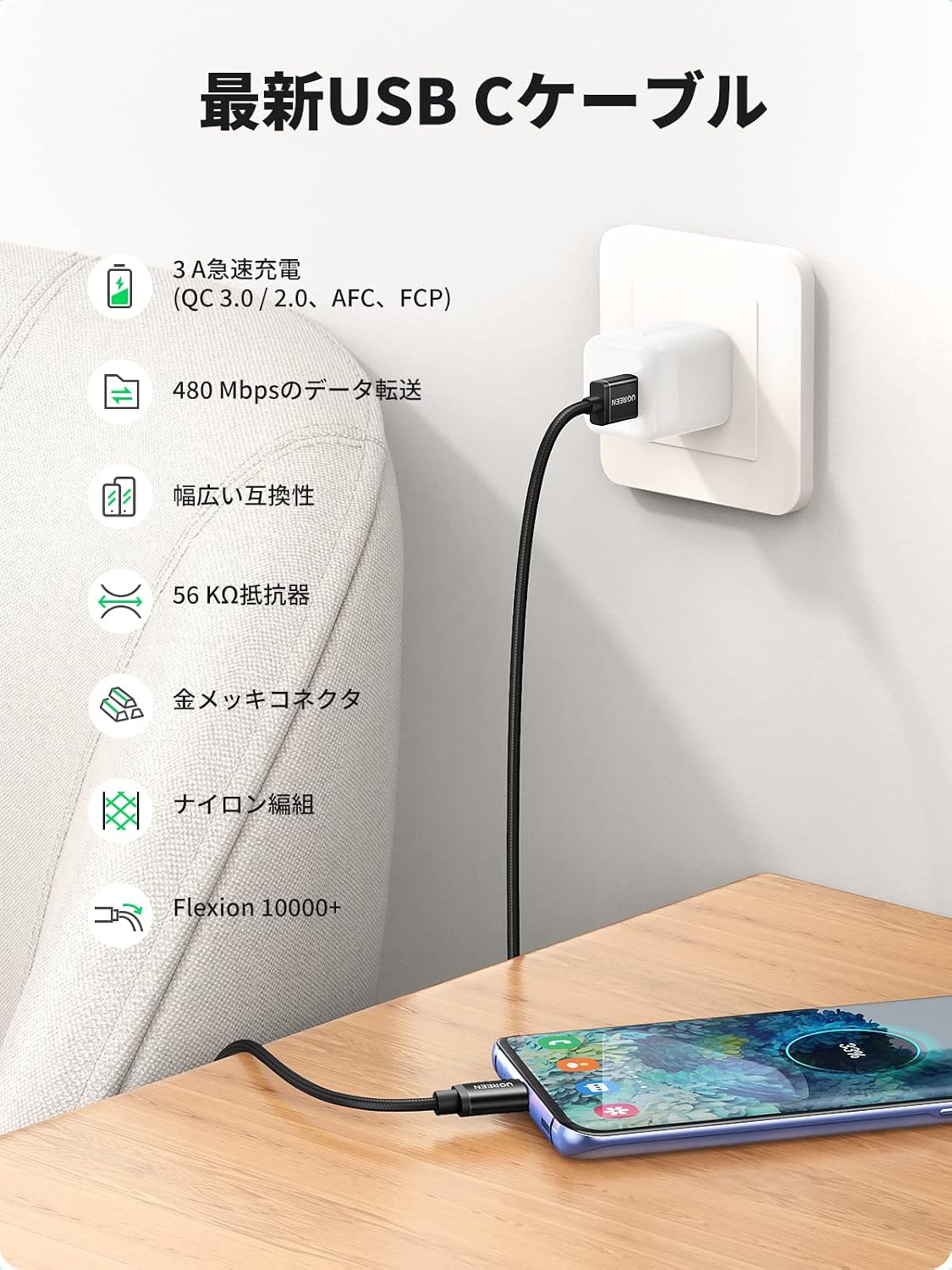 Detalle de UGREEN USB Type-Cケーブル 1m・2本セット QC3.0対応 3A急速充電 ナイロン編み