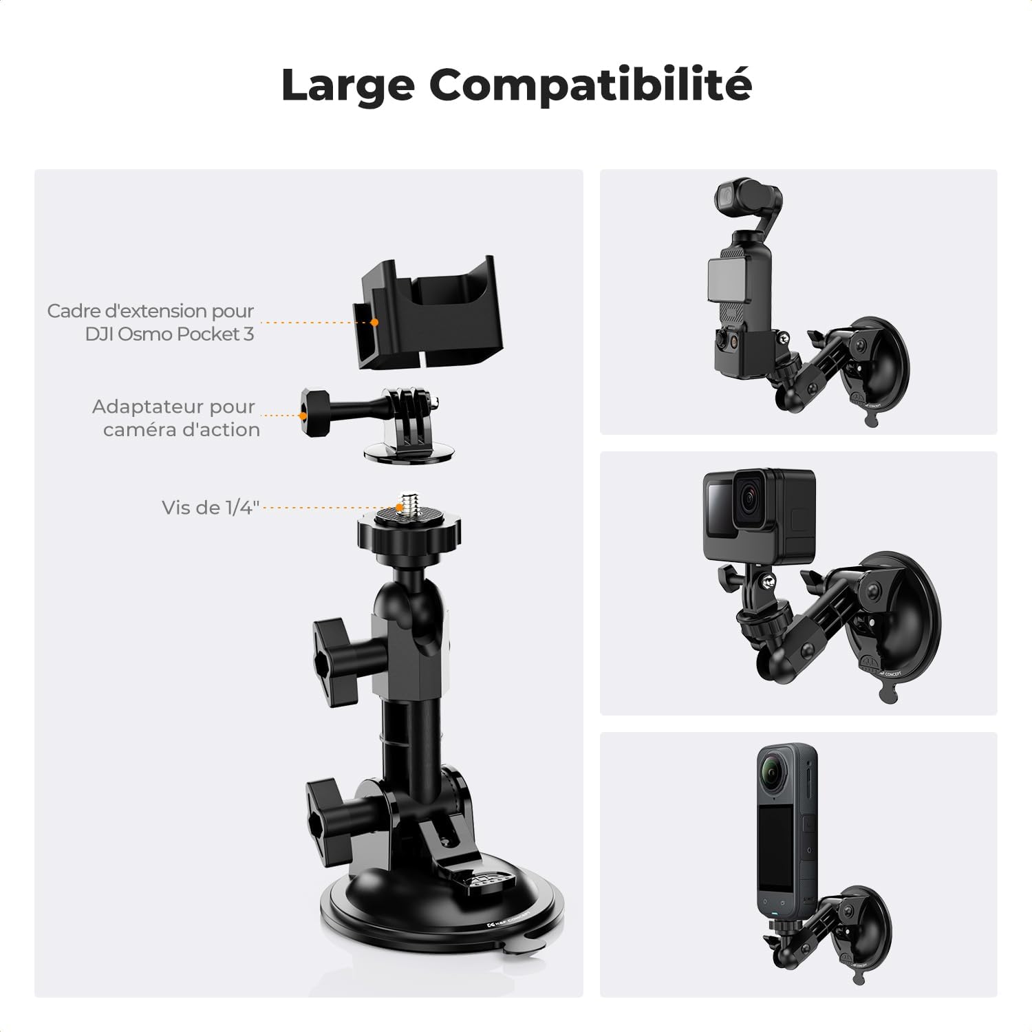 Detalle de K&F CONCEPT Support à Ventouse ABS – Compatible DJI Osmo Pocket 3 et Insta360