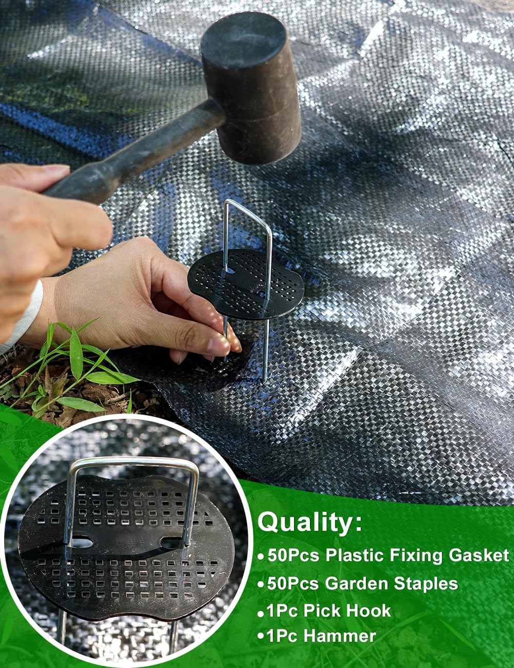 Thumbnail 5 de WOHOHOHO 100 Weed Control Membrane Pegs & Buffer Washers with Pick Hook and Black Hammer
