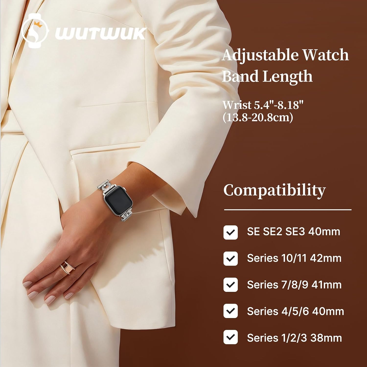 Detalle 2 de Wutwuk Stainless Steel Rhinestone Apple Watch Strap with Adjustable Magnetic Clasp (38–42mm)