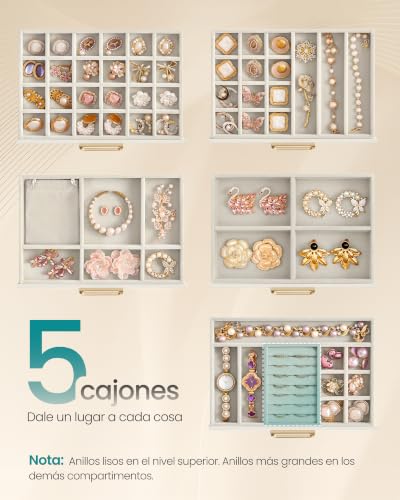 Detalle 2 de SONGMICS Joyero con 5 cajones y tapa de cristal – Organizador elegante para tocador
