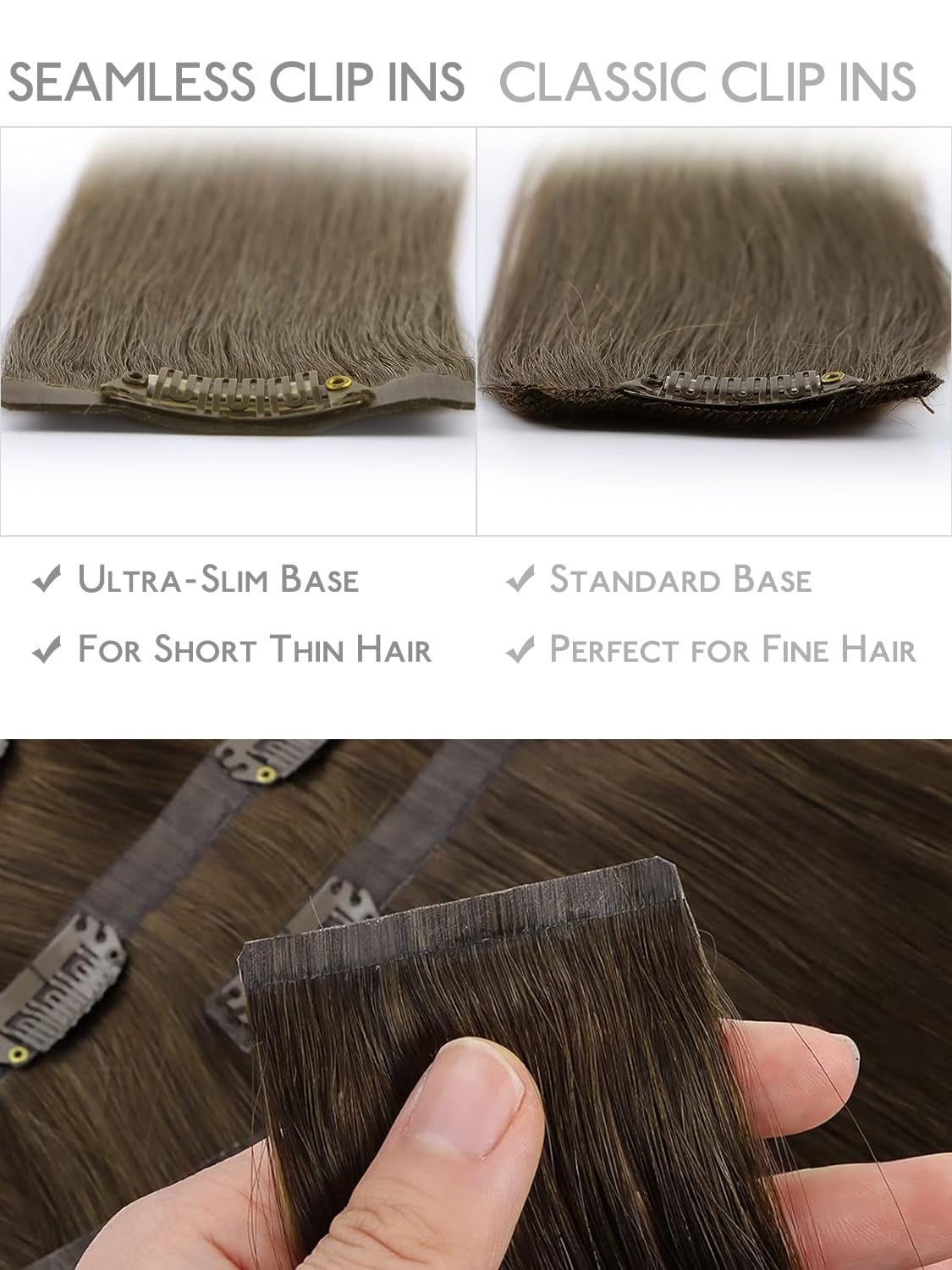 Detalle de WENNALIFE Real Human Hair Clip-In Extensions, 20 inches, Ombre Walnut Brown to Ash Brown & Bleach Blonde, Seamless PU Weft