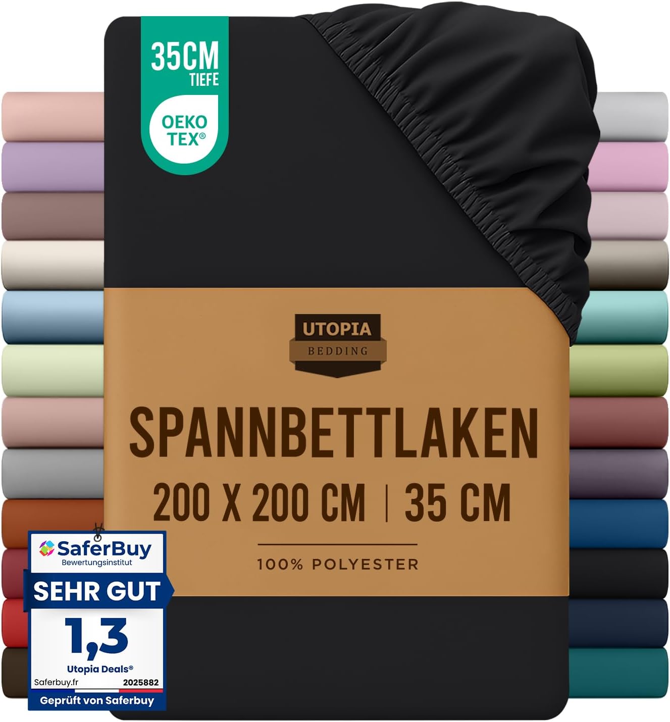 Detalle de Utopia Bedding Spannbettlaken 200x200 cm, schwarz – gebürstete Polyester-Mikrofaser (35 cm Taschentiefe) mit OEKO-TEX Zertifizierung