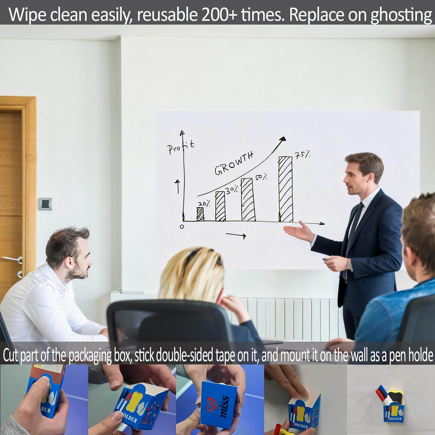 Detalle de 17.3 x 157.5 in White Board Paper Roll – Dry Erase, No Glue Static Cling, Portable DIY Whiteboard