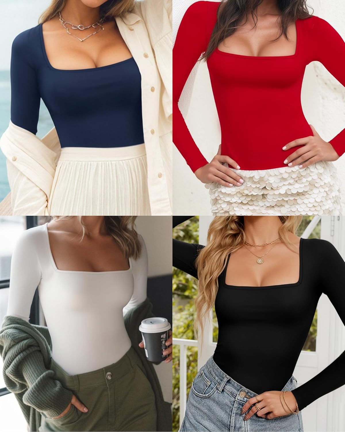 Detalle de ALGALAROUND Women's Long Sleeve Square Neck Top – Slim Fit Winter Tee