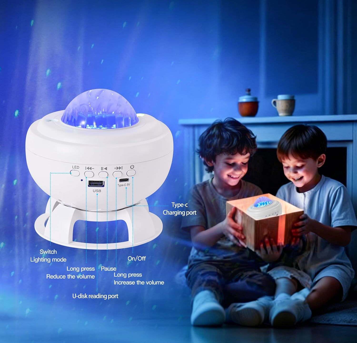 Detalle de Proiettore Stelle Soffitto LED con Lettore Bluetooth: 8 animazioni aurora boreale, altoparlante integrato e ricaricabile